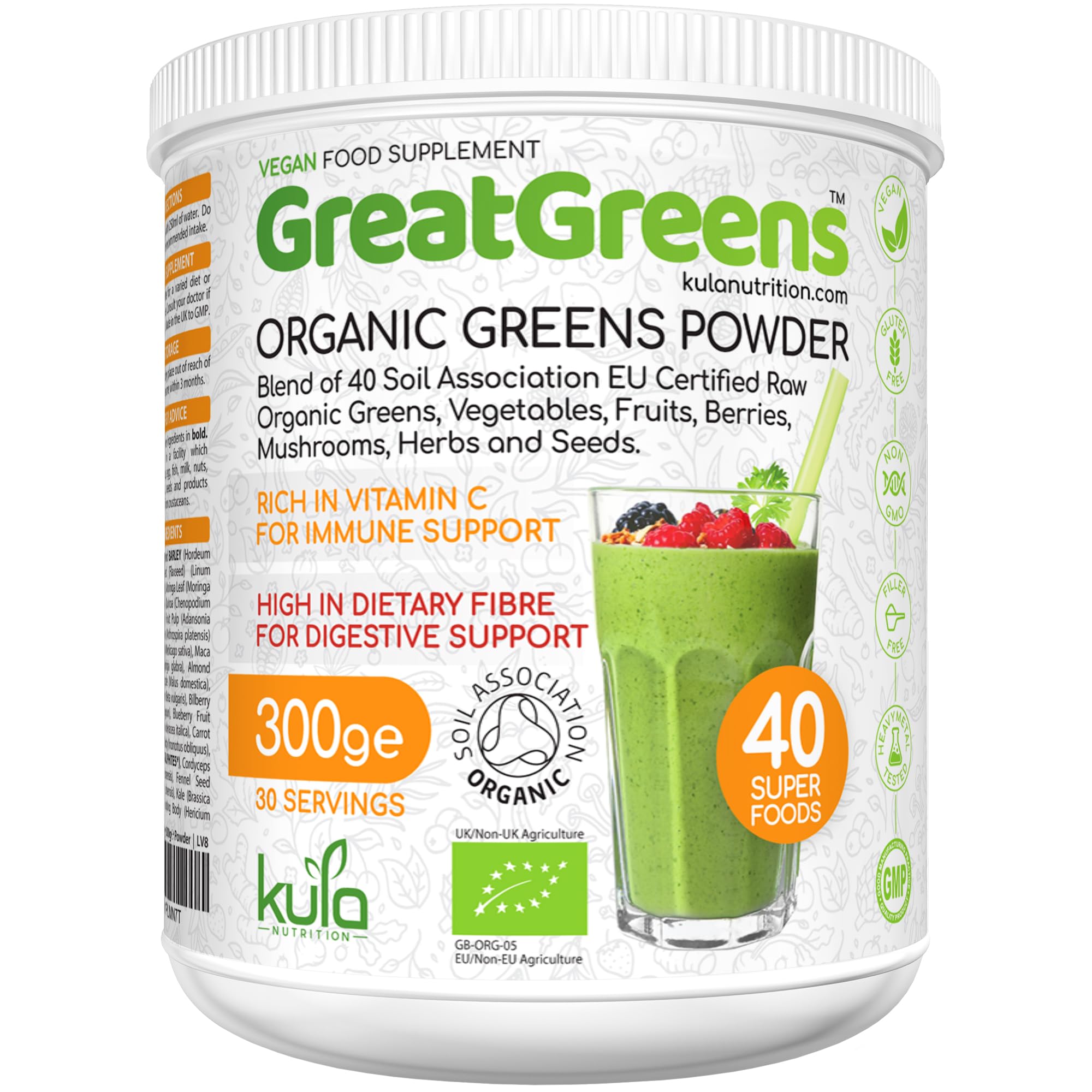 GreatGreens - Organic Greens Powder - Large 300g Blend 40 Raw Superfoods - Greens, Vegetables, Super Fruits, Berries, Sprouts and Mushrooms - High Fibre Vegan Daily Juice Smoothie Drink - 30 Servings