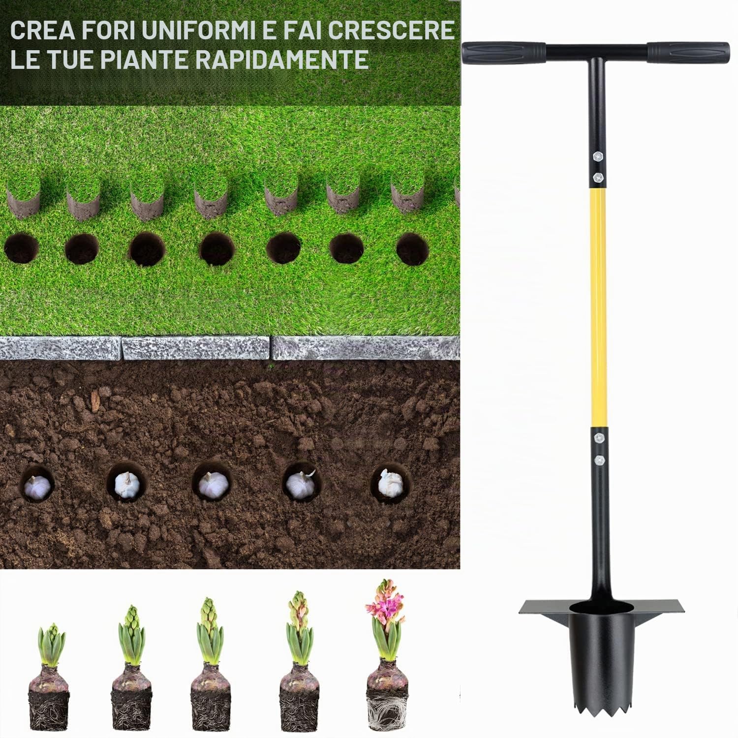 Set di strumenti per piantare bulbi Jardineer 3 pezzi, strumento per piantare bulbi a manico lungo e piccolo trapiantatore per bulbi con impugnatura morbida per scavare buche per piantare tulipani