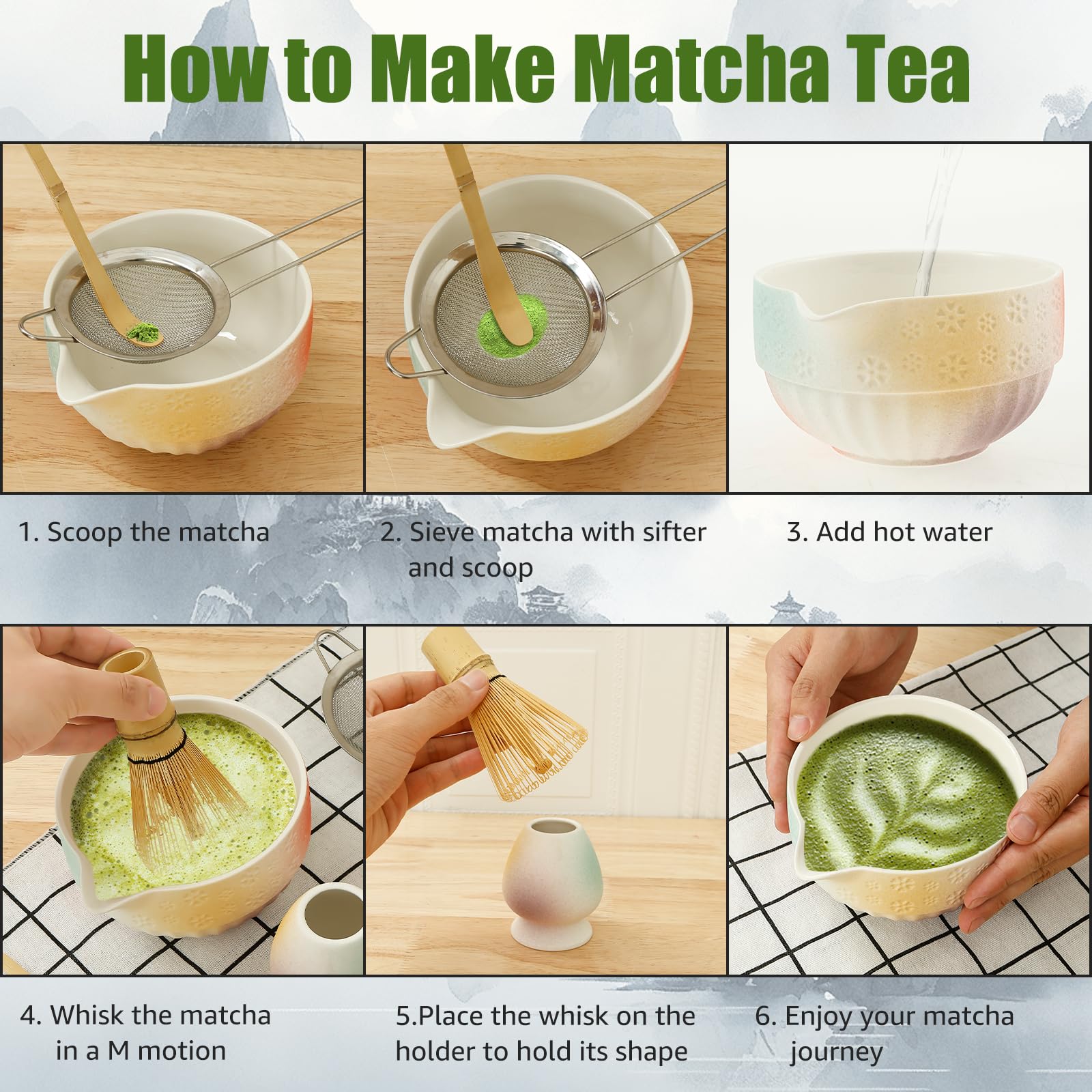 Set da 5 pezzi Matcha Unique Matcha Kit con Scoop Sifter Bowl Whisk e supporto pratico Tea Making Tool per donne e uomini uso domestico