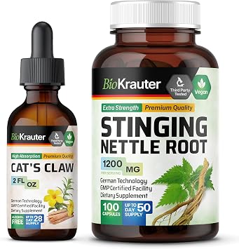BIO KRAUTER Cats Claw Tincture 2 Fl. Oz. & Stinging Nettle 100 Capsules.