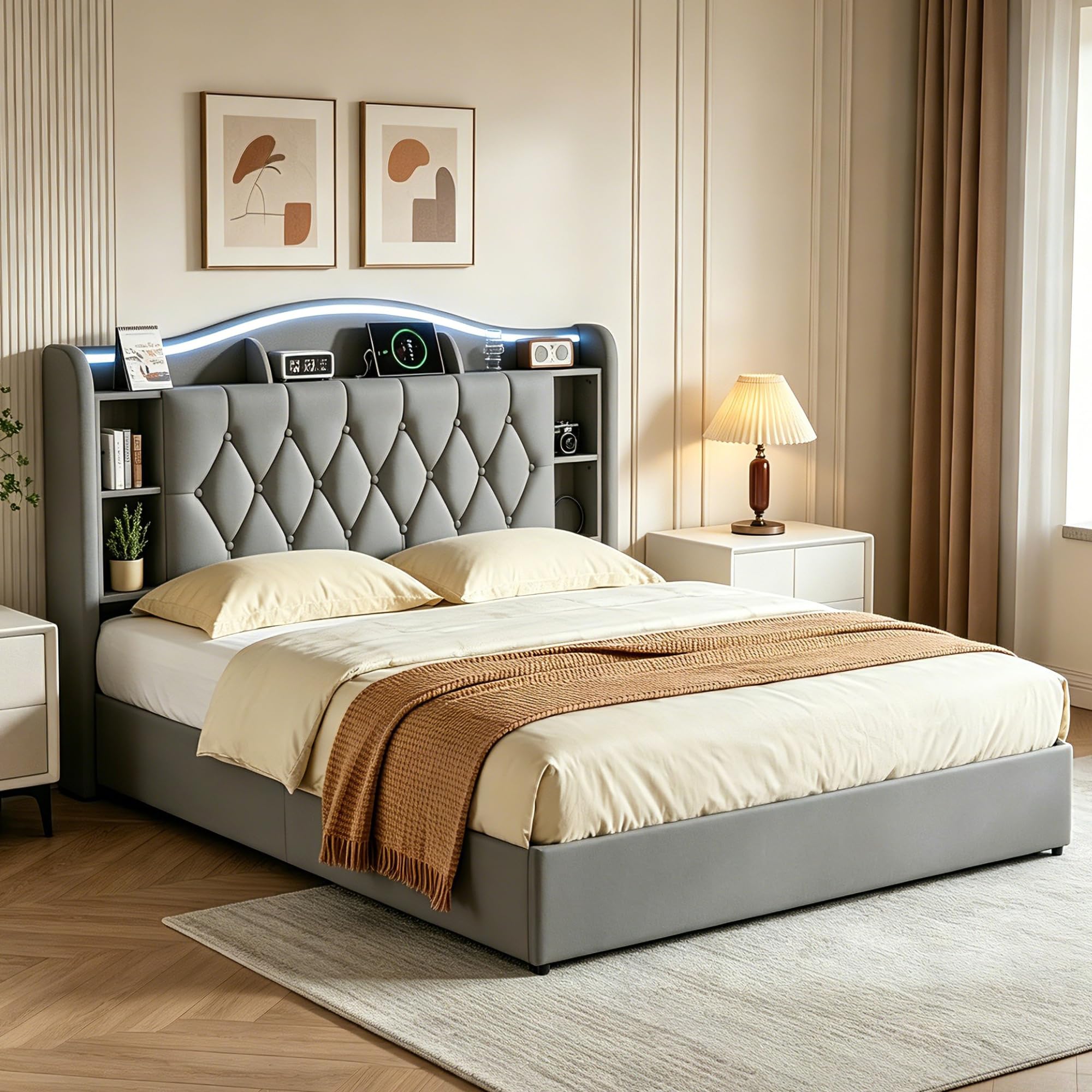 Letto Contenitore Matrimoniale 160x200 cm, Letto Baule con LED e Ricarica wireless, Letto imbottito con Contenitore e Testiera, Rete a Doghe in Legno, velluto, Senza Materasso (Grigio B, 160x200)