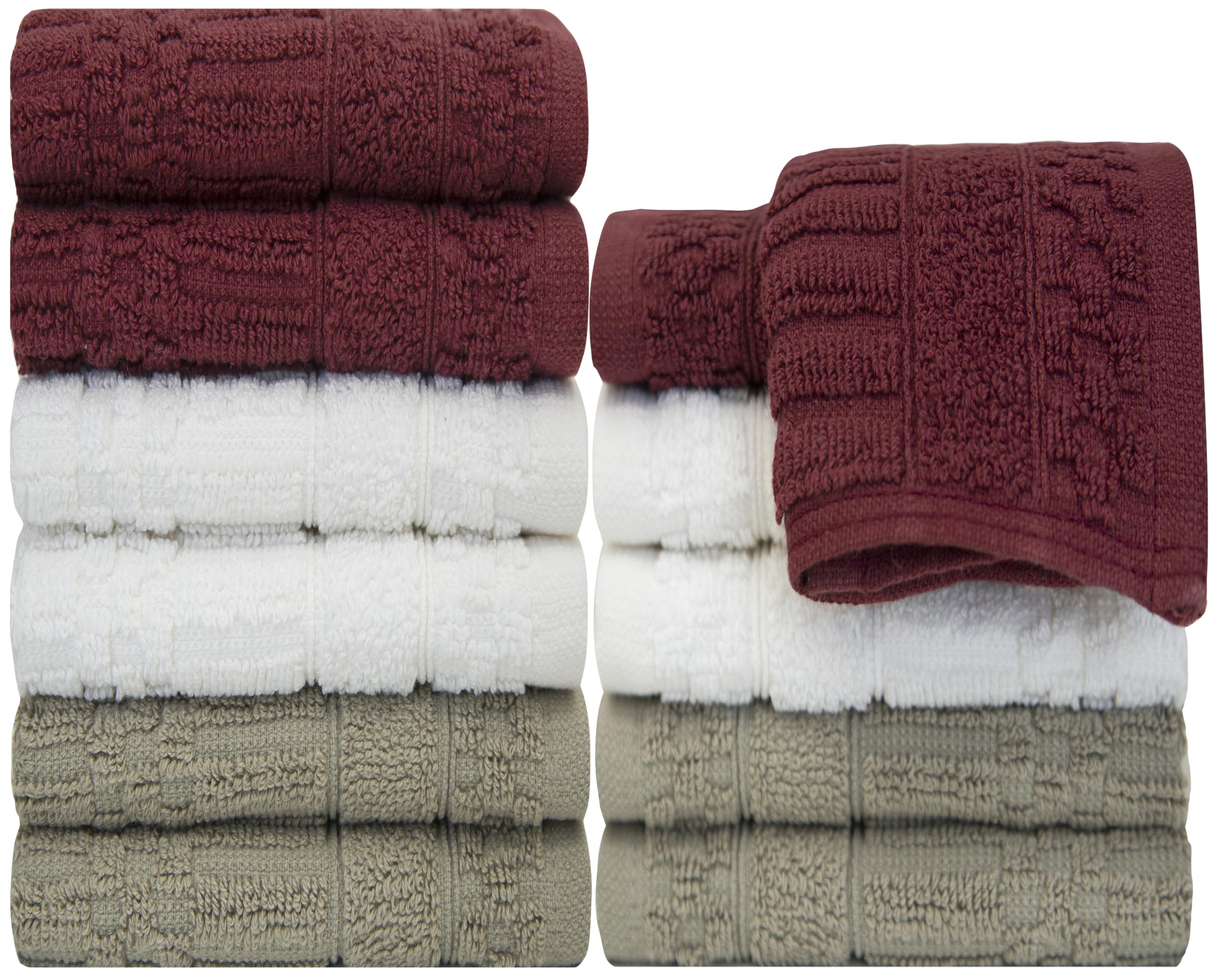 PH Pleasant Home Diamond Wash Cloths Set - 12 Pack (12” x 12”) – 509 GSM - 100% Ring Spun Cotton Wash Cloth - Super Soft and Highly Absorbent Face Towels (Maroon, White &amp; Tan)