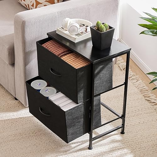 Miniatura 2 de Sweetcrispy Mesa auxiliar con 2 cajones para dormitorio, mesita de noche pequeña, muebles organizadores de almacenamiento, armario de tela, parte