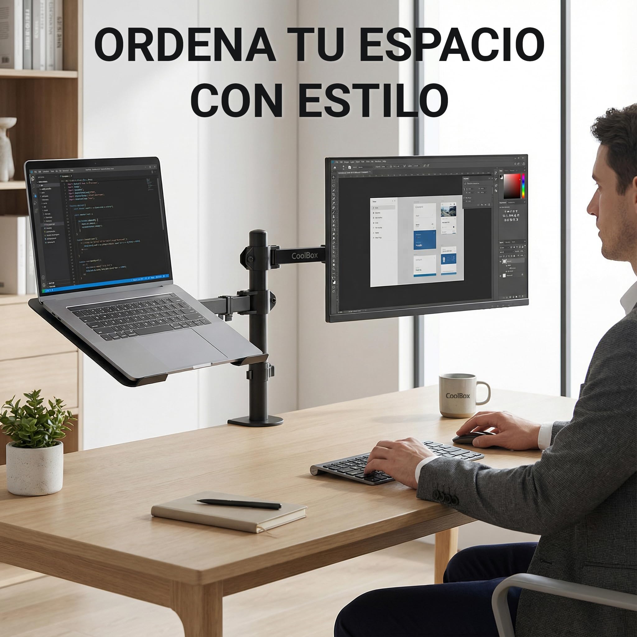 CoolBox MP01 - Soporte Monitor y Portátil, Pantalla hasta 8 kg y 32", Portátiles hasta 17", VESA 75x75 y 100x100, Altura, Inclinación y Giro Ajustables, Bandeja Inclinable. Negro
