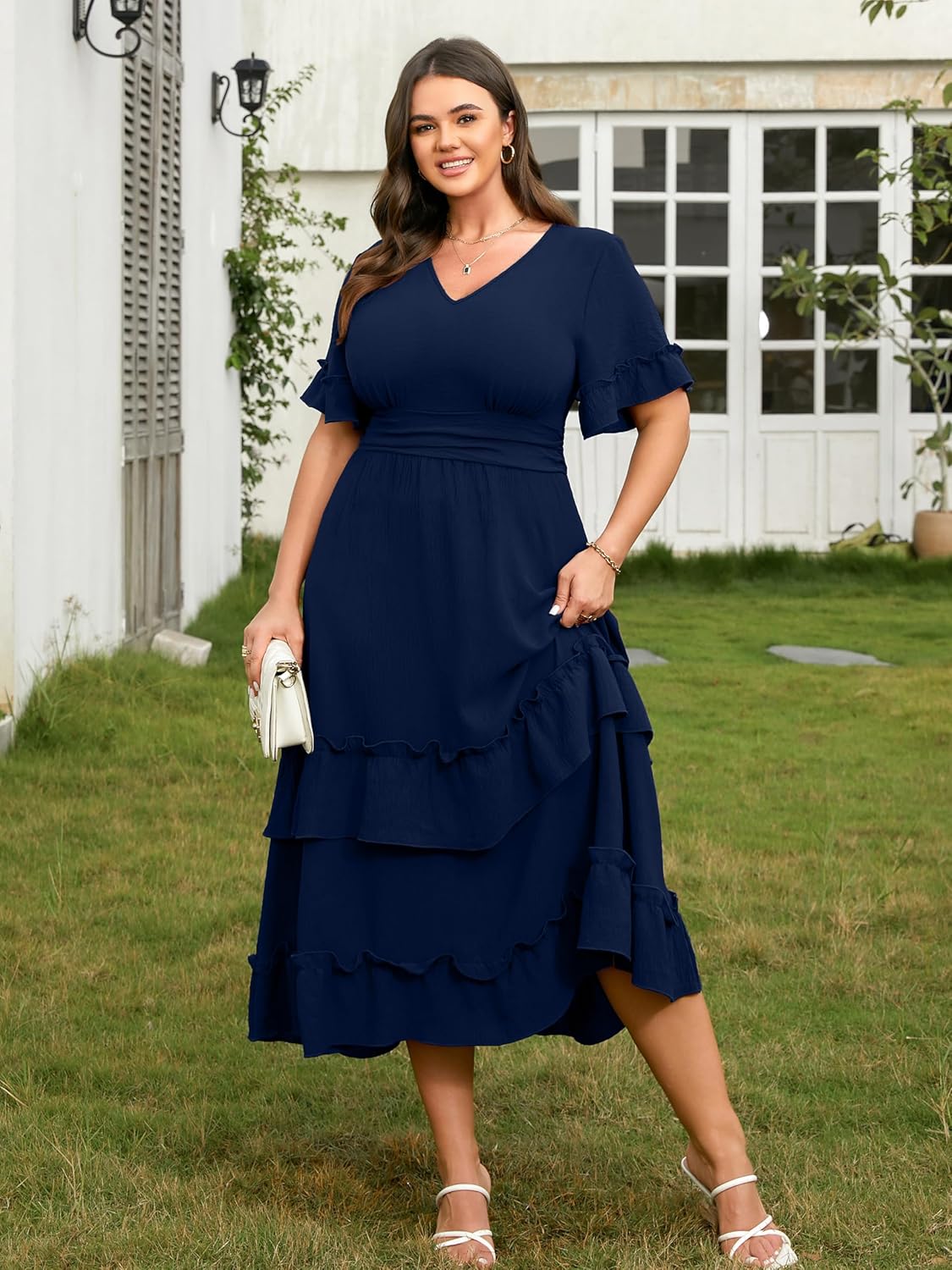 RWJ Womens 2026 Summer Plus Size Wedding Guest Dresses Ruffle Sleeve V Neck A Line Flowy Tiered Maxi Dress - Image 8