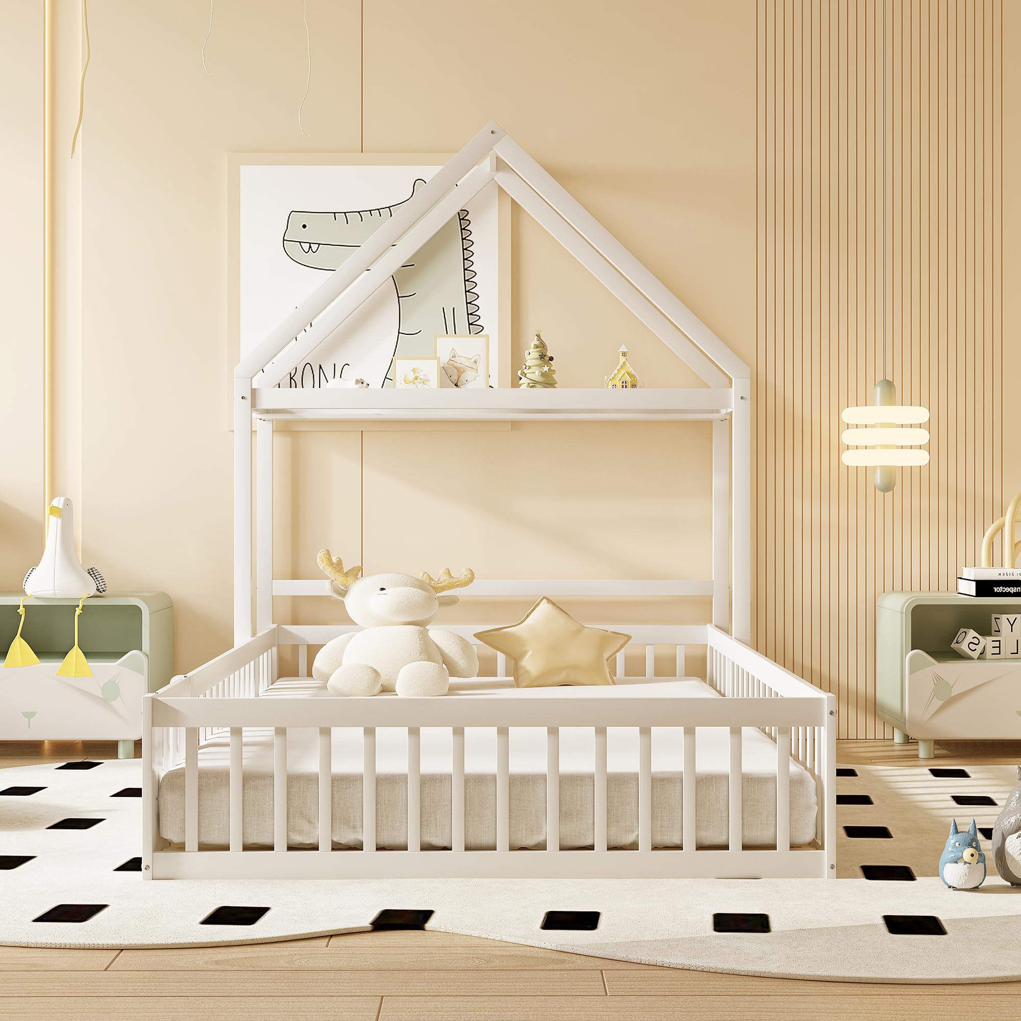 Merax Lit Enfant 140x200 cm Cabane au Sol avec Protection Antichute et Rangement Blanc
