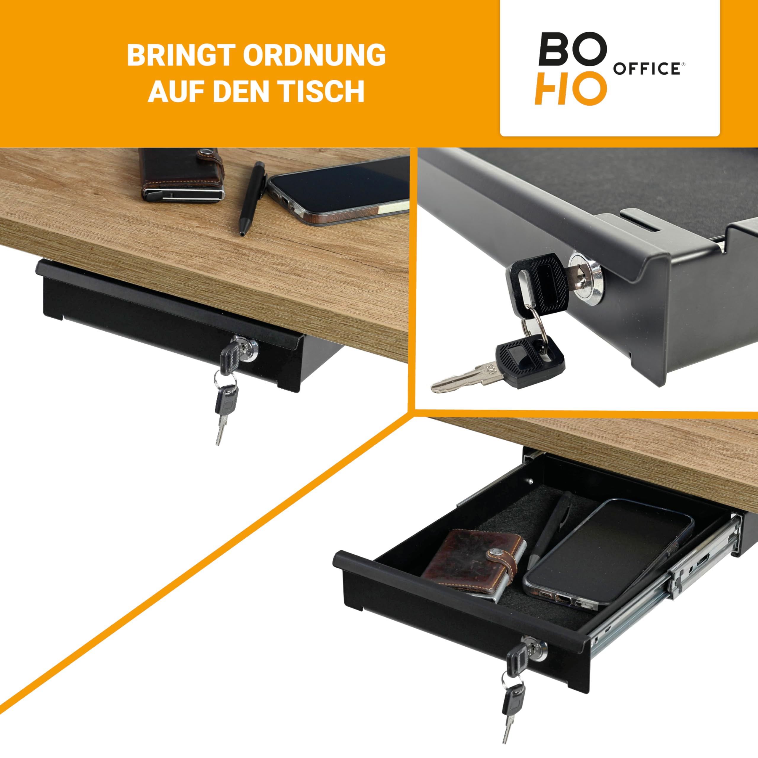 boho office® Schreibtisch Schublade schwarz – abschließbar mit Schloss, inkl. Organizer & Filz, Untertisch-Schublade für Büro & Home-Office, Breite 24,8 cm