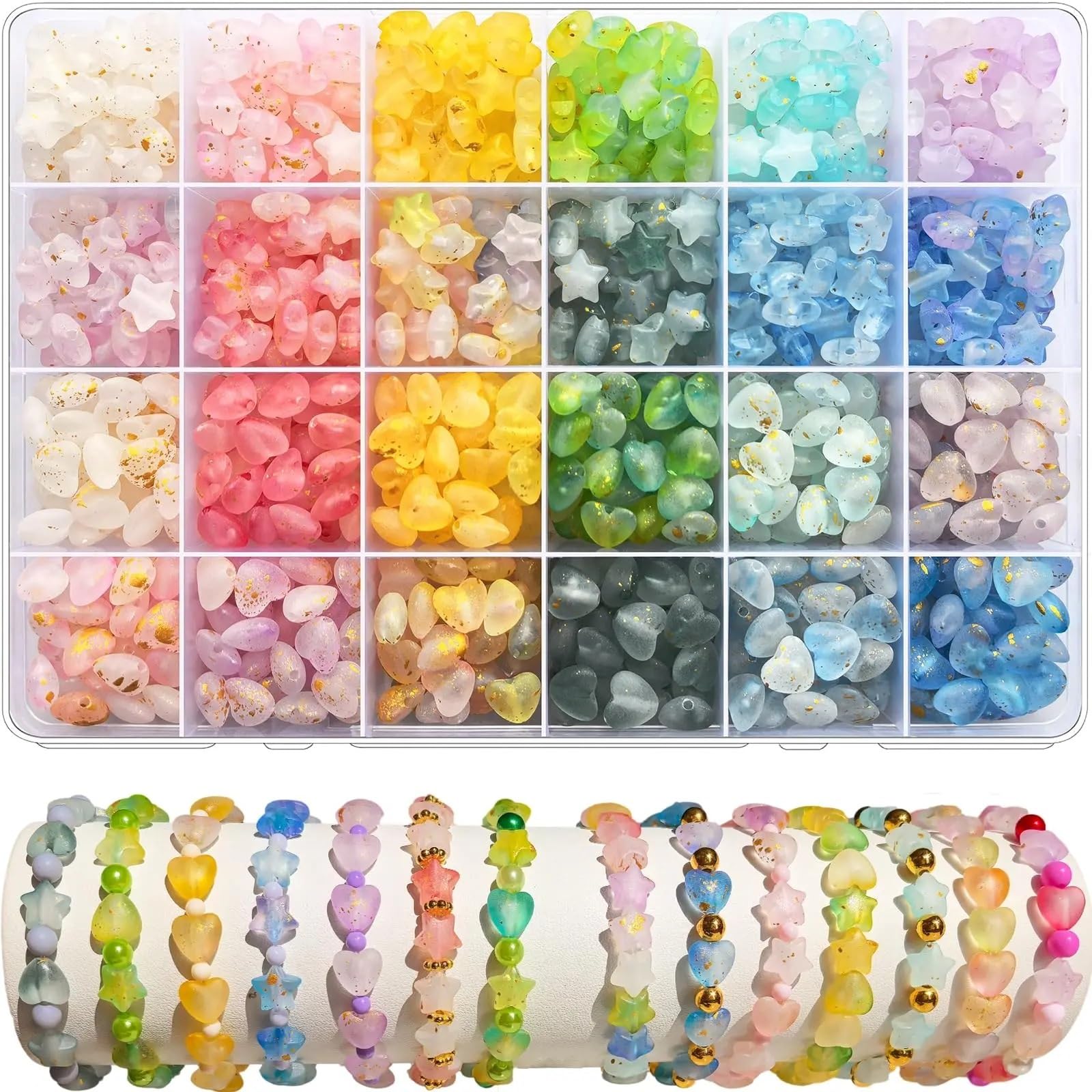 Bryske 4 Boxes Acrylic Star Heart Beads Set Frosted Golden Foil Pastel Colors for Jewelry Making