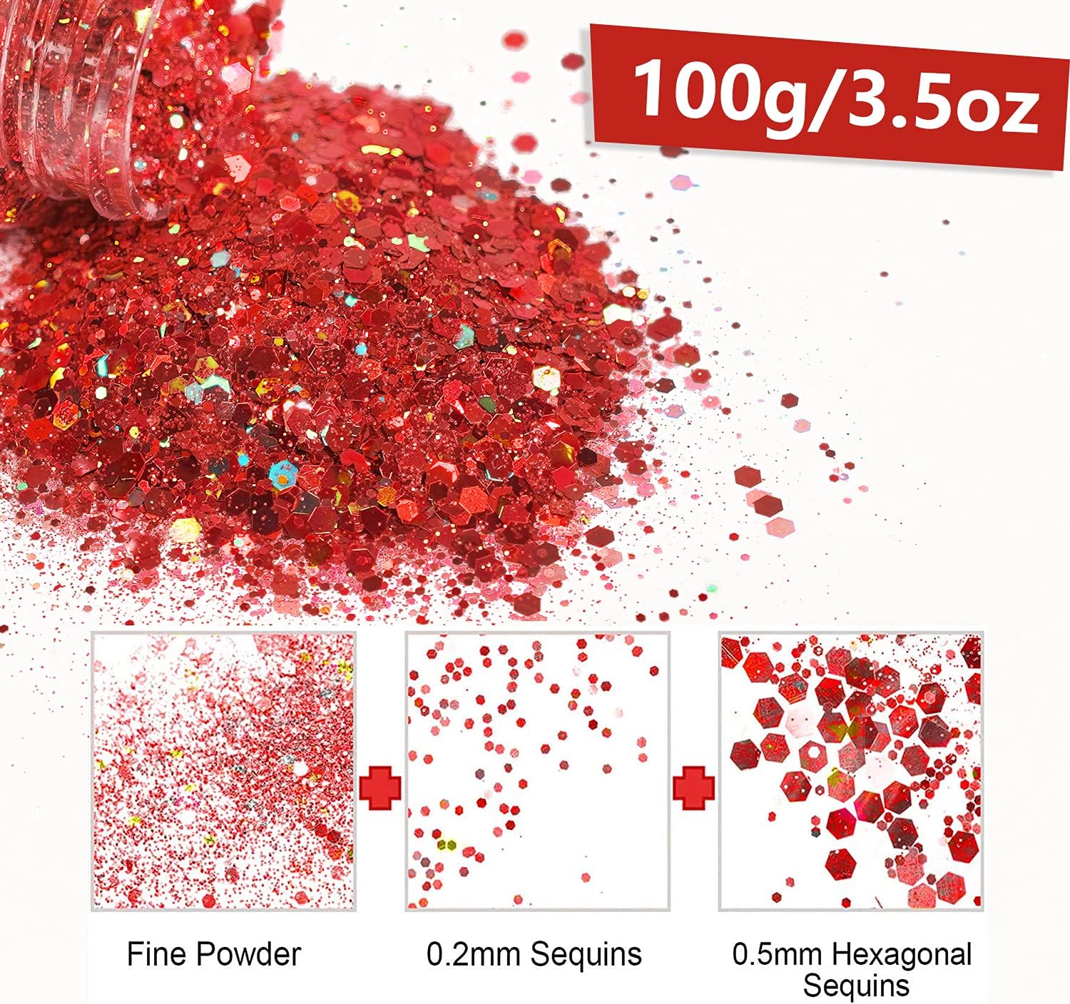 HEMOER Holographic Chunky Glitter, 100g Red Chunky Sequins Glitter, Cosmetic Craft Glitters for Resin Face, Nail, Body - Image 3