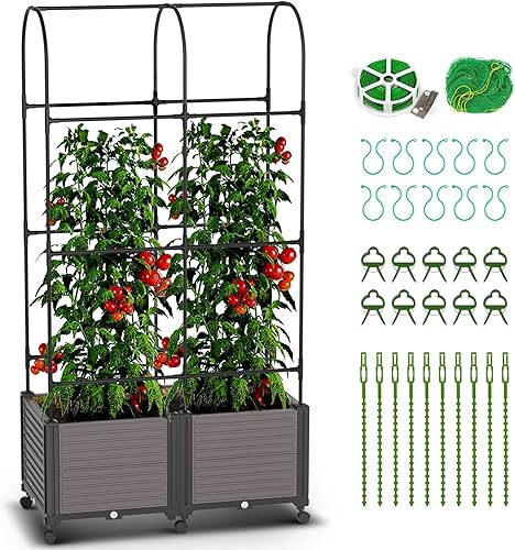 DoCred Macetero elevado con enrejado para plantas trepadoras de verduras, macetas de tomates al aire libre con ruedas, uso en interiores y exteriores