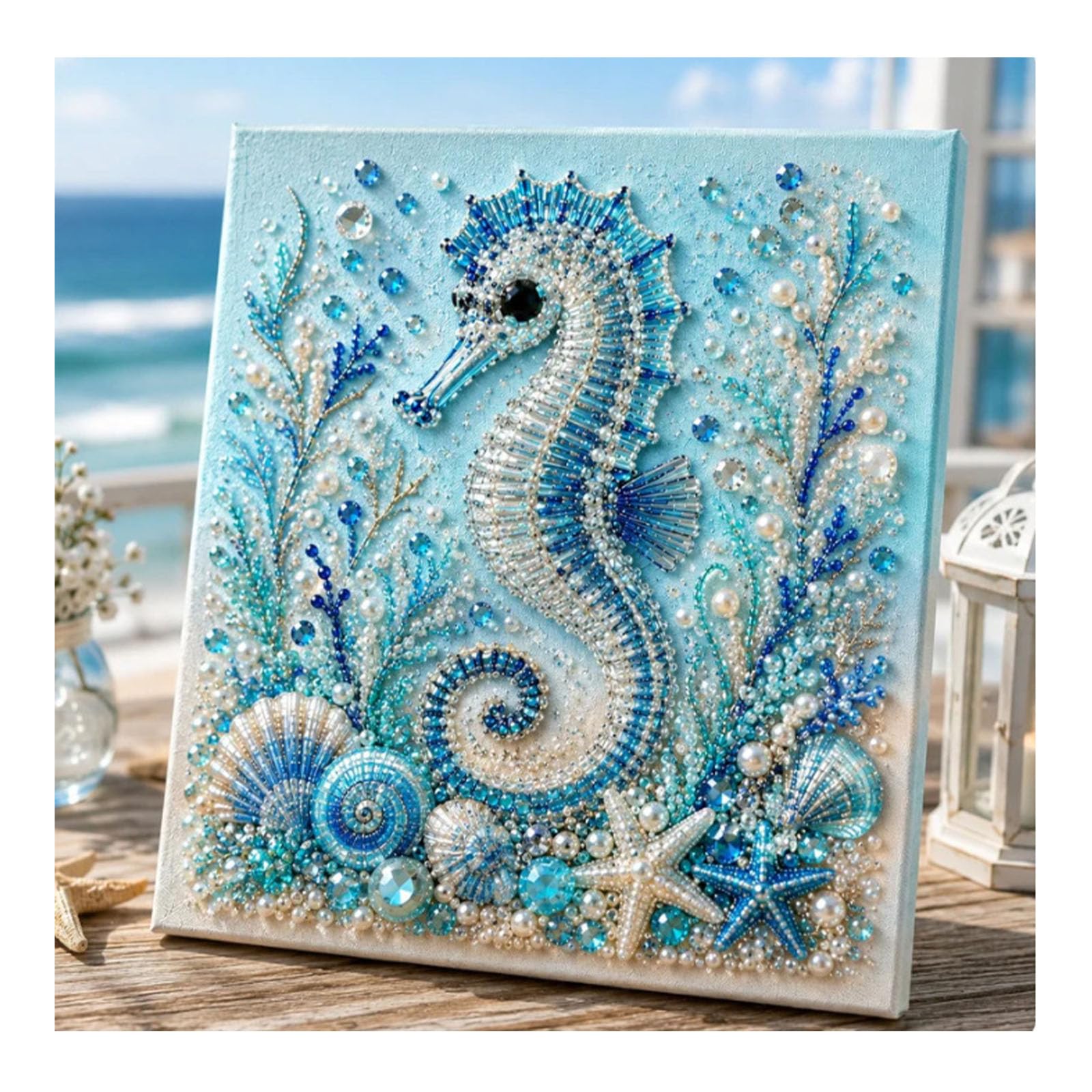 zoocco Pearl Art Kits for Adults, Ocean Animal Diamond Painting Kit with Octopus Whale Turtle Shark Dolphin, 3D Pearl Gem Art Craft for Wall Decor (Seahorse)