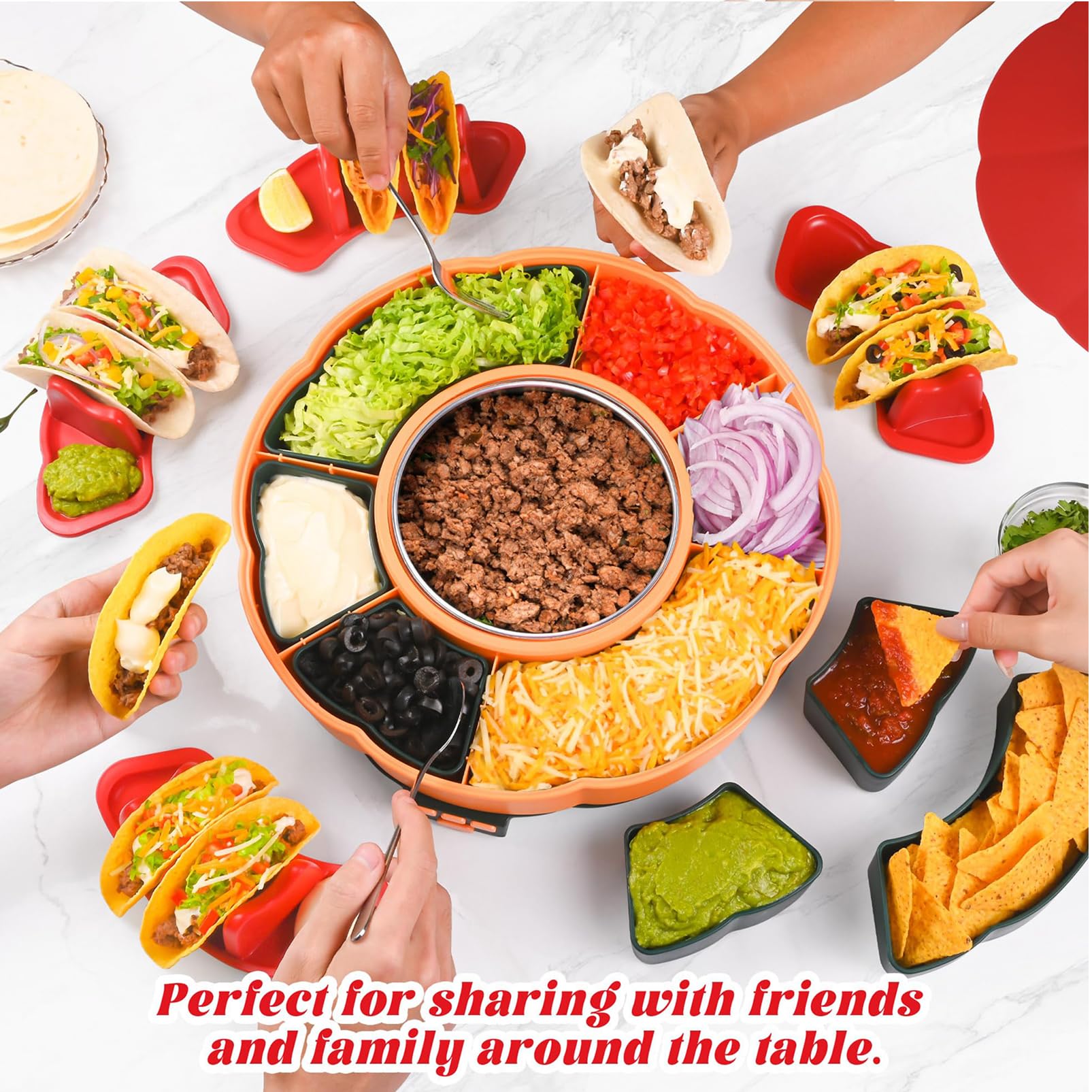Zestaw Serwisowy Lazy Susan Taco Bar, Obracany 360° Zestaw Taco Tuesday Z 6 Wyjmowanymi Tacami & 4 Uchwytami Na Taco, Podgrzewany Garnek Z 3 Poziomami Temperatury Do Tacos, Nachos, Burritos, S’mores