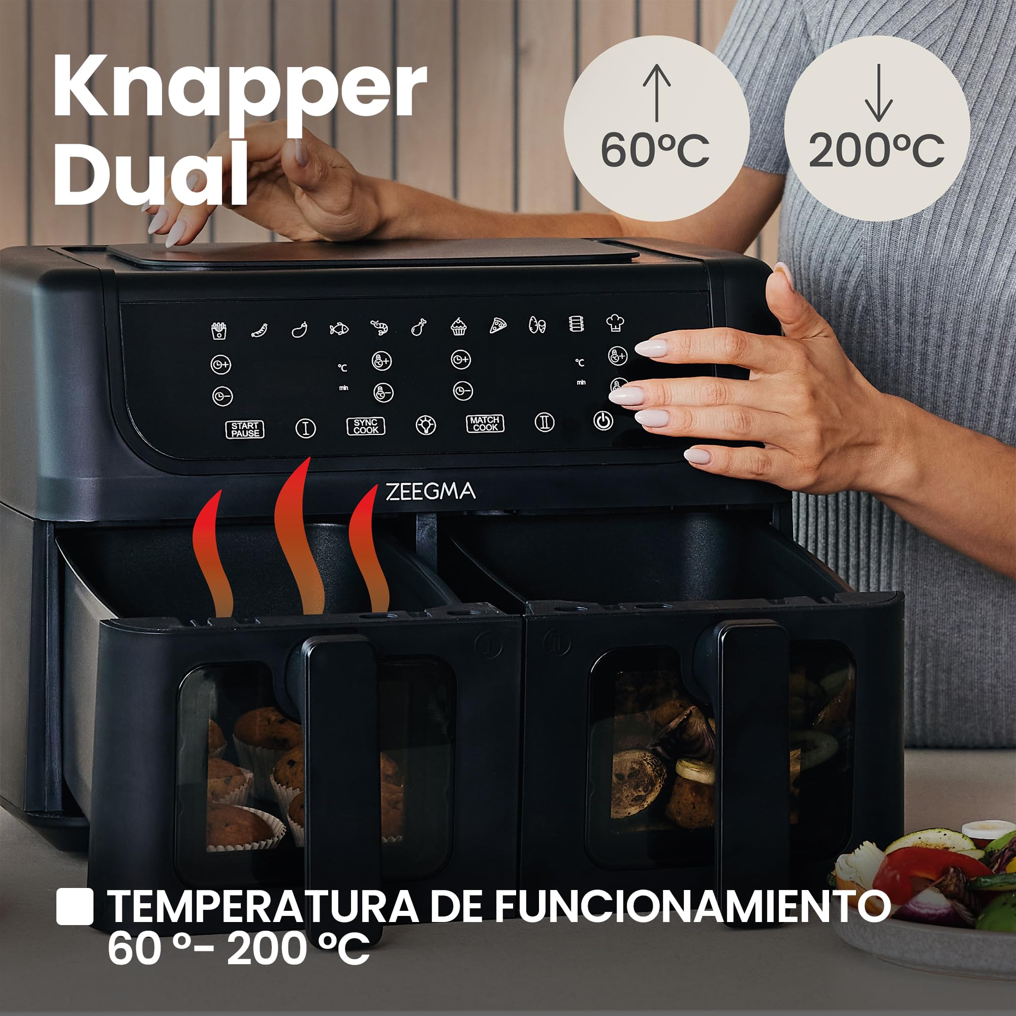 ZEEGMA KNAPPER DUAL Freidora de Aire Con Compartimento Doble 1700 W, 2 Compartimentos, 9 L de Capacidad, 11 Programas, Temperatura 60-200 °C Calentamiento Instantáneo 60 s Panel táctil