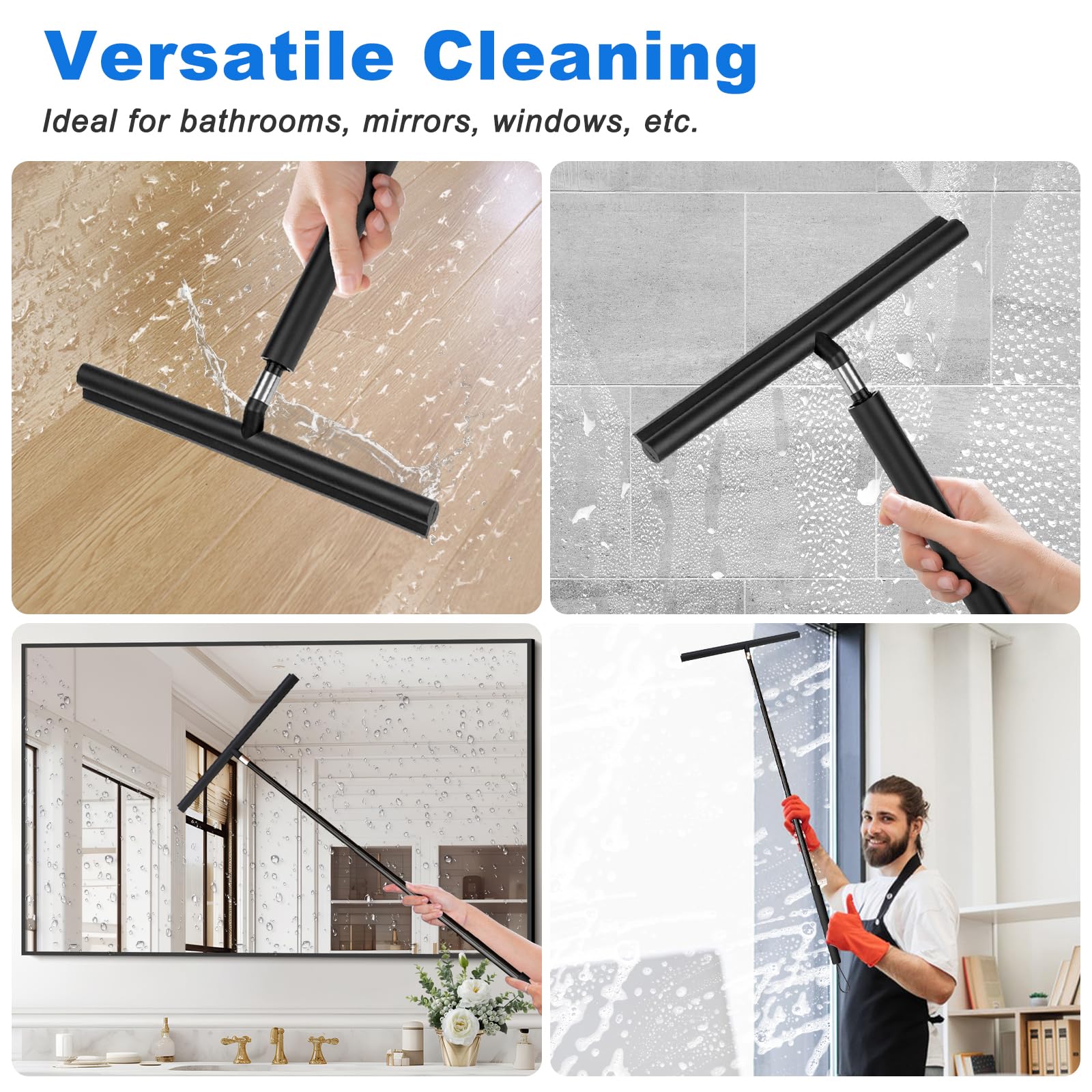 FIVAVA Verstelbare douchewisser 30-61-89 cm, trekker, douchevloer, zwart met lange steel, waterschuiver, vloertrekker, raamtrekker met zuignap voor water, tegels, glas, spiegel