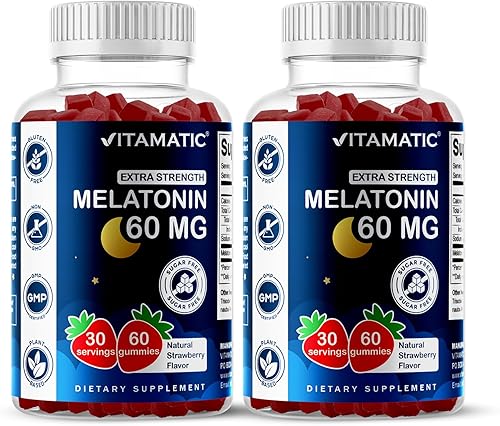 Vitamatic Melatonina sin azúcar, 60 mg, 60 gomitas vegetarianas, suplemento que no forma hábito, paquete de 2