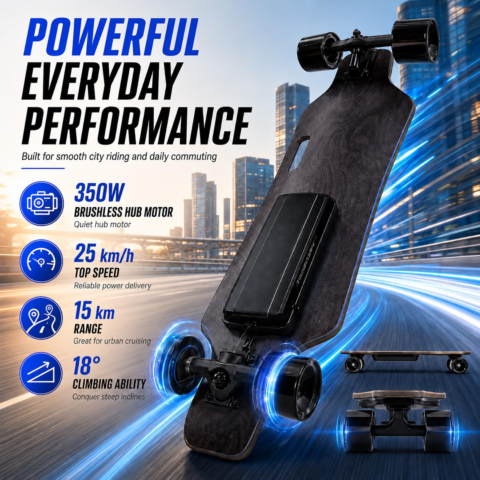 Skate Électrique 33 Pouces - Longboard Électrique avec Moteur 350W, 4 Vitesses, Télécommande, pour Débutants et Adultes