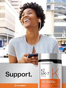 Horbaach Vitamin D3 K2 5000 iu | 100mcg MK-7 Complex | 180 Softgel Capsules | Non-GMO & Gluten Free Supplement