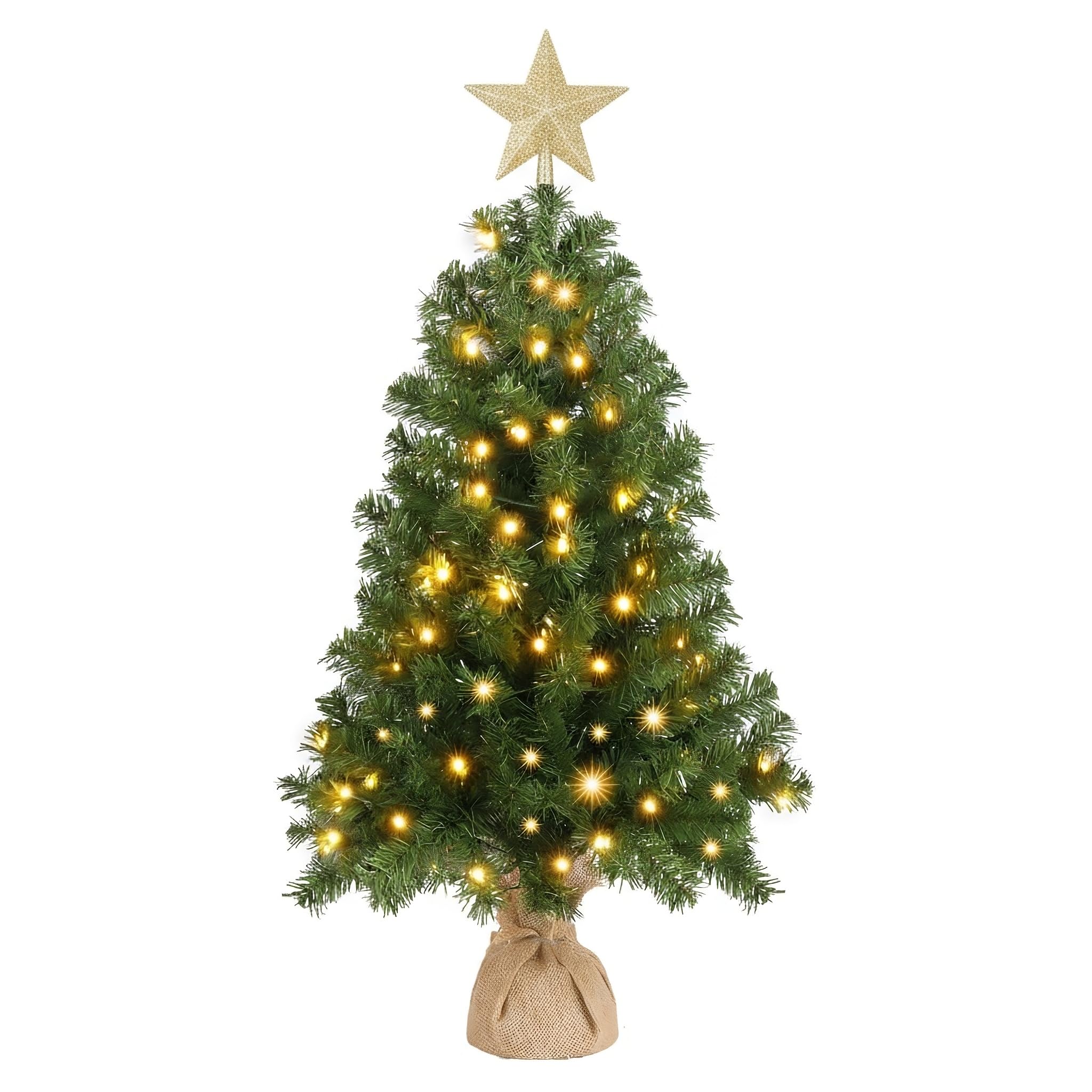 Bonnlo 90cm Pre Lit Small Christmas Tree with Jute Bag Base, 3Ft Artificial Mini Christmas Tree with 150 Tips, Xmas Table Decorations
