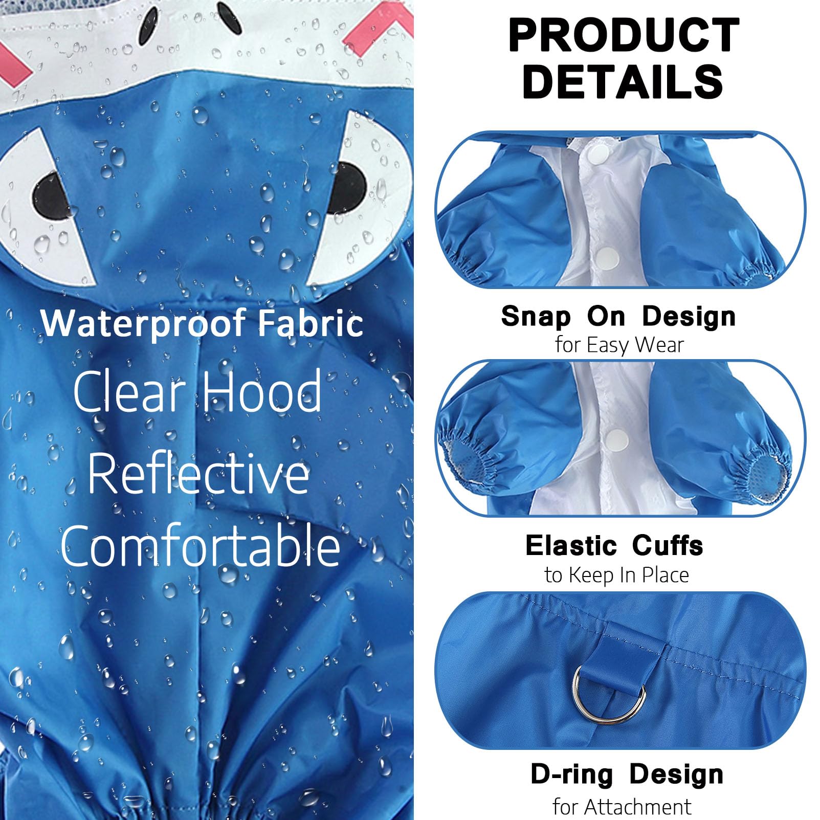 SMALLLEE_LUCKY_STORE Cute Shark Raincoat for Small Dogs with Clear Hoood Leash D-ring Puppy Botton Down Rain Jacket Full Boby 4 leg Jumpsuit Lightweight Waterproof Clothes,Blue S - Image 4