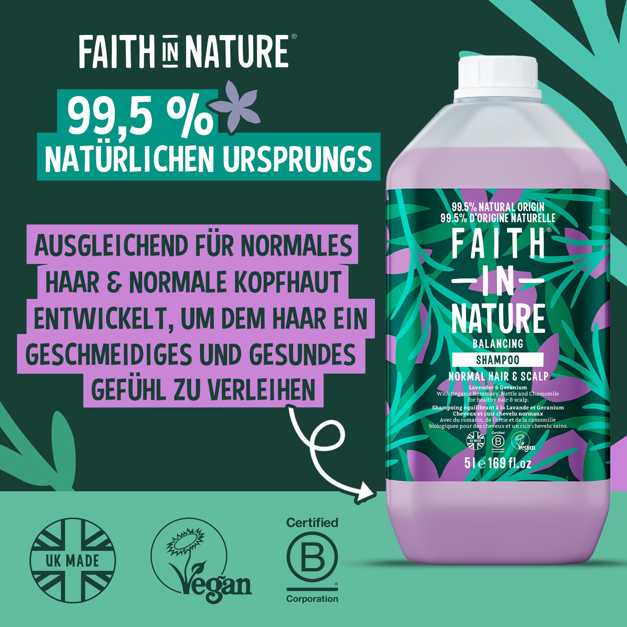 Faith In Nature Natürliches Lavendel- & Geranium-Shampoo, ausgleichend für normales Haar und Kopfhaut, vegan & tierversuchsfrei, ohne SLS, Silikone oder Parabene, 5-Liter-Nachfüllpack