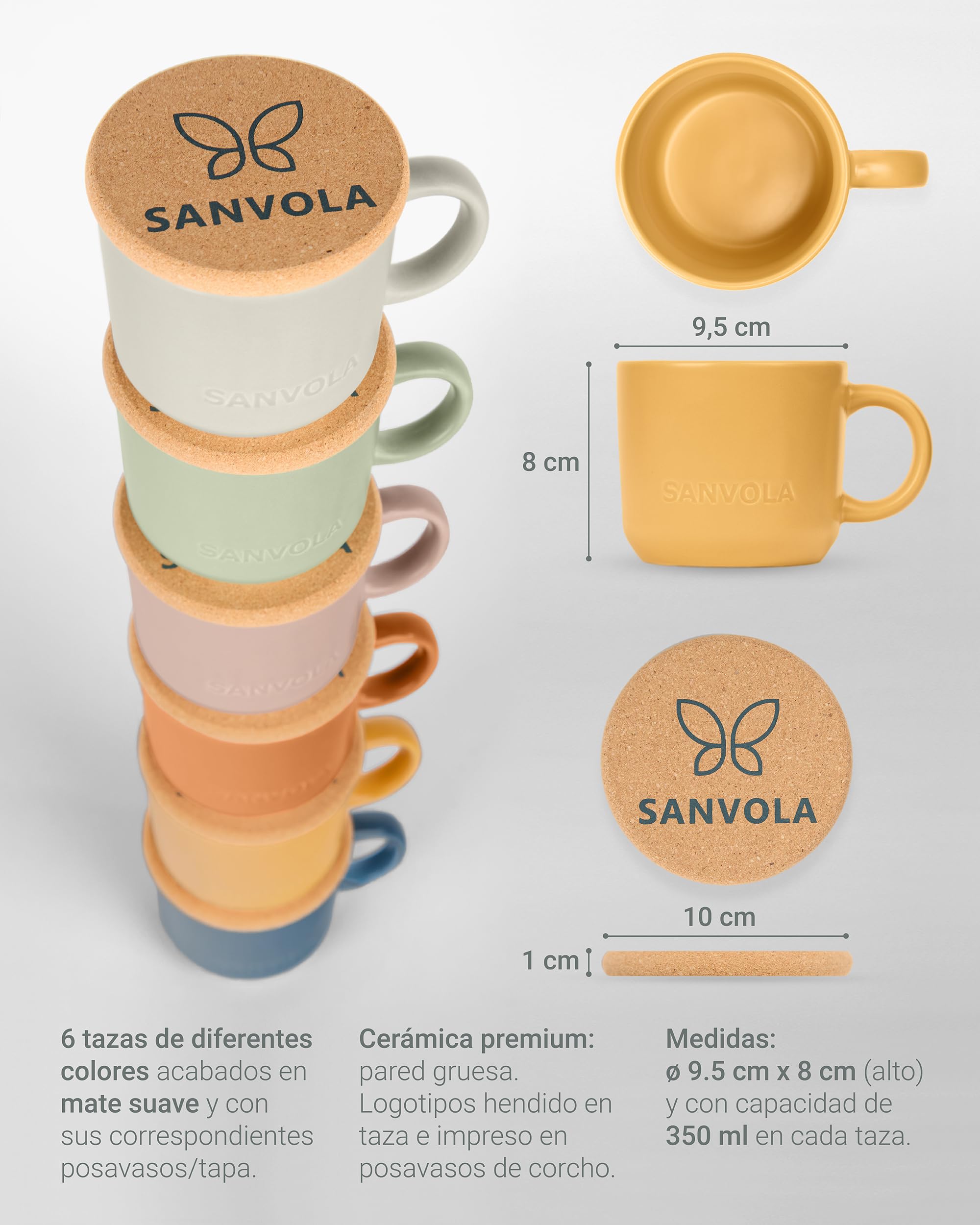 6 tazas desayuno 350 ml, juego de tazas de cafe de gres cerámico mate con tapa-posavasos de corcho 2 en 1, aptas para microondas y lavavajillas, ideales como tazas cafe con leche y tazas de te