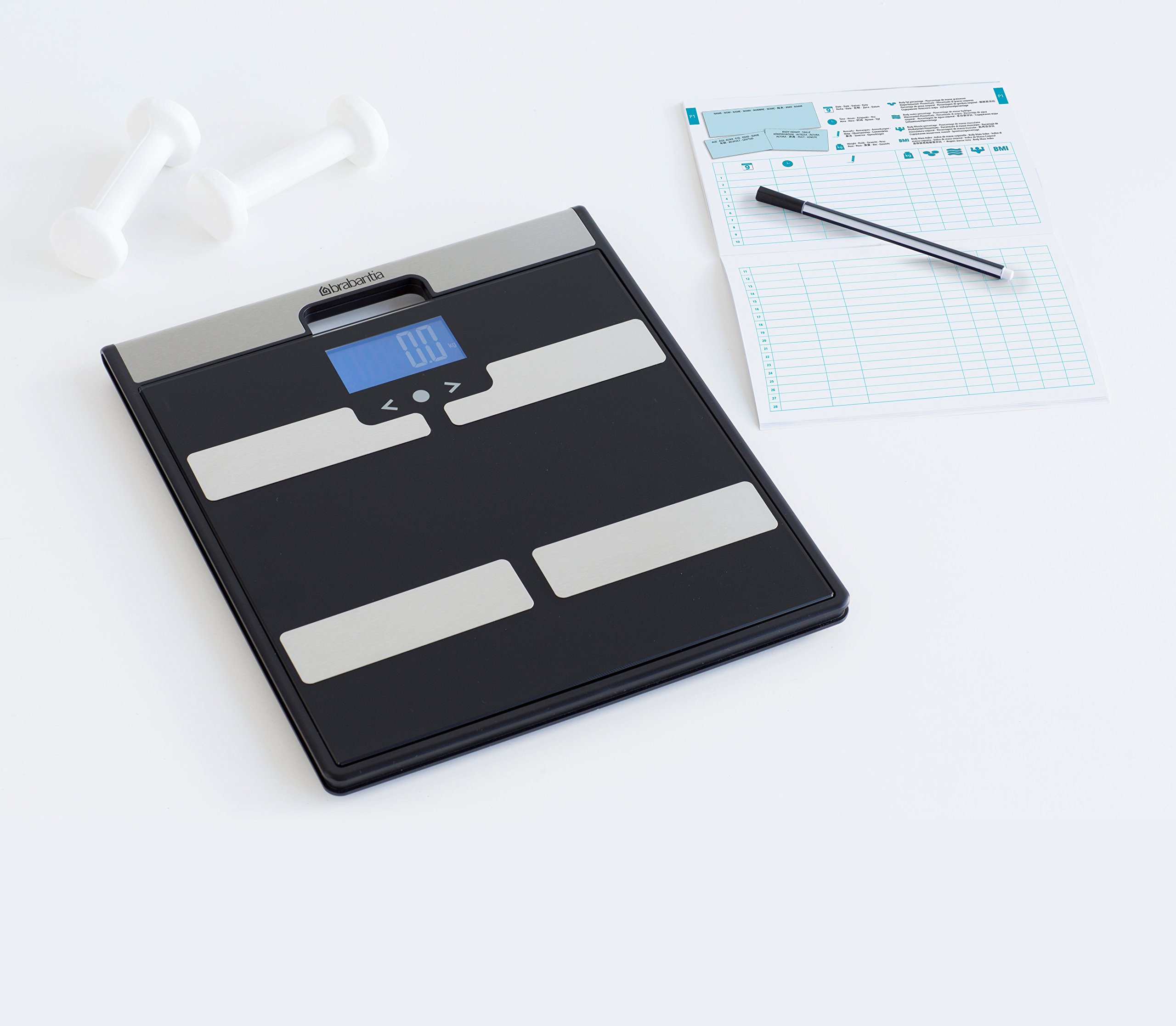 Brabantia Bathroom Scale Bilancia Pesapersone con Analisi Massa Corporea, Maniglia per Trasporto, Nero/Inox Satinato