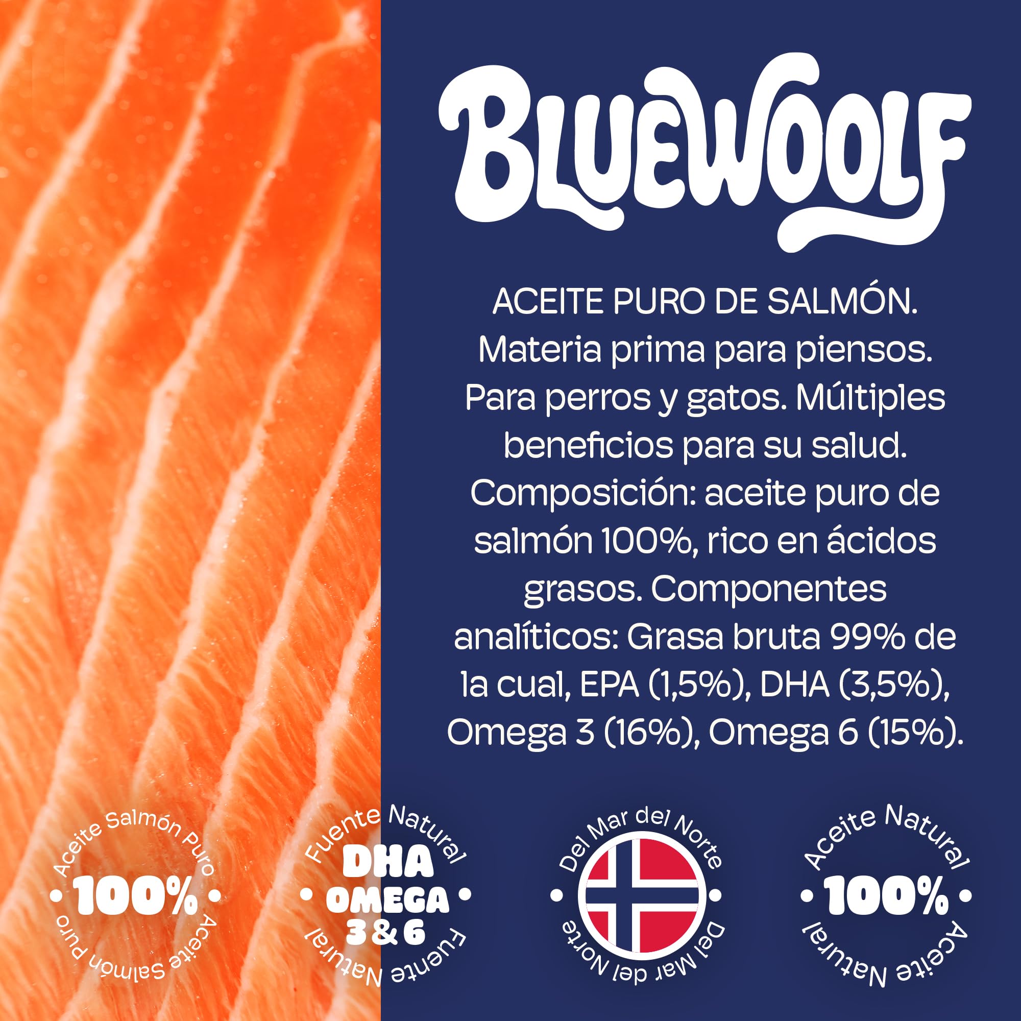 Aceite de Salmon Perros y Gatos 250ml con Omega 3 para Mejora Piel y Pelo Articulaciones y Sistema Inmunitario Salmón para Pienso, Barf y Comida Húmeda Oil for Dogs BlueWoolf — view 5