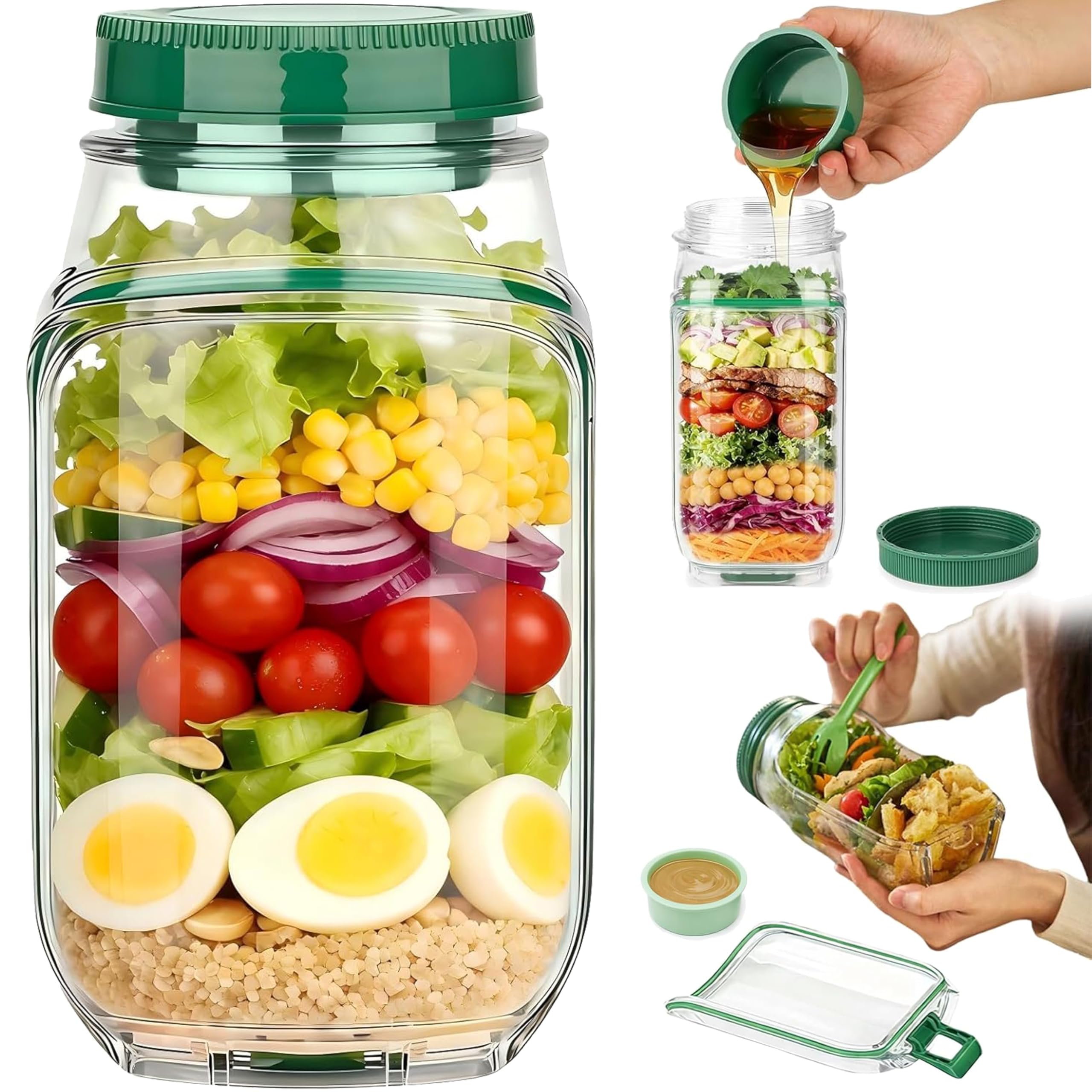 Hufhnwso Green-1Pcs Salad Pod Jar With Side Opening & Leakproof Dressing Pot – 2-In-1 Portable Salad Container For Lunch, Meal Prep, Picnic – Dishwasher Safe, Durable Reusable