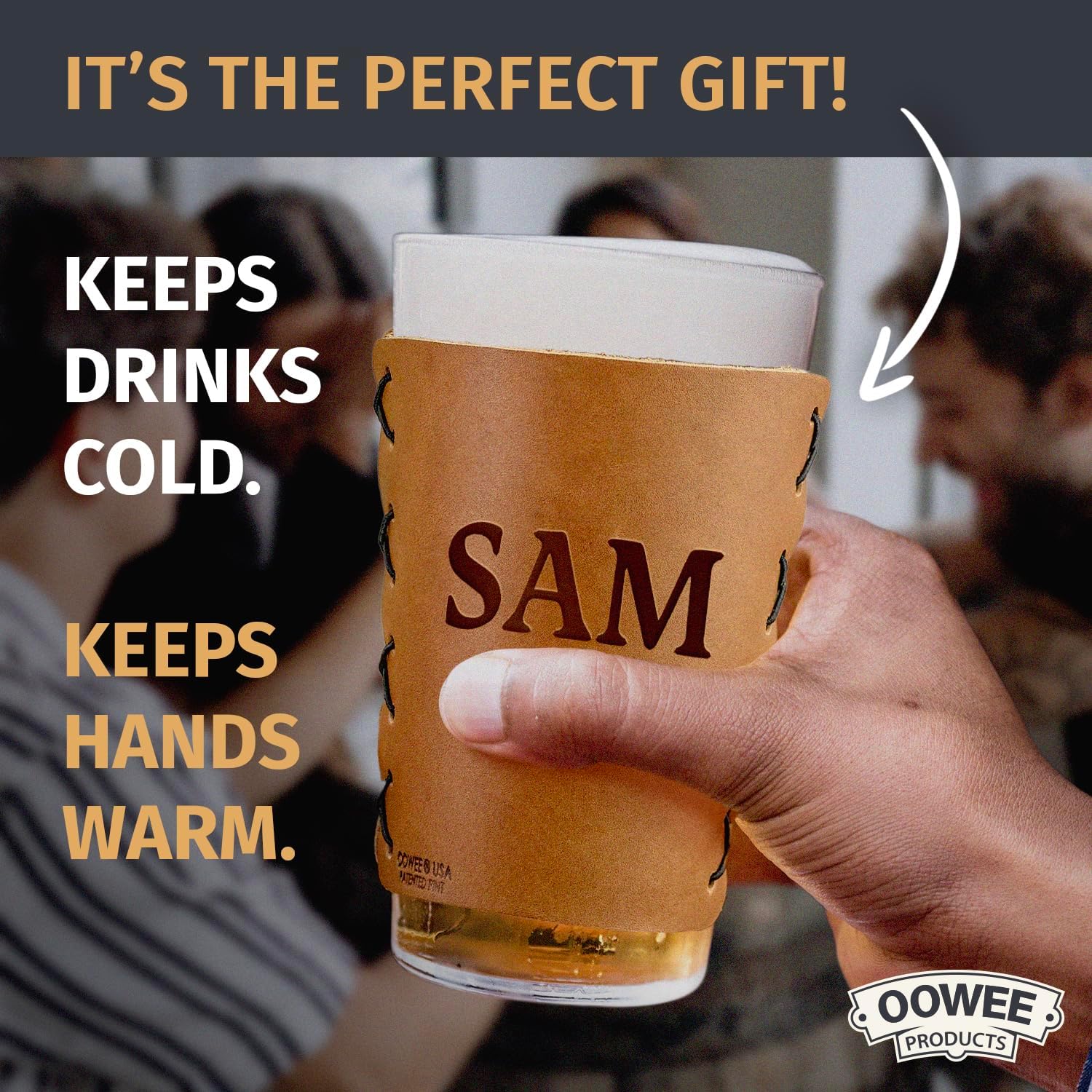 Oowee Customizable Genuine Leather Sleeve + Pint Glass - | Fits 16oz Pint Glasses & Beer Glass | Great Beer Holder & Glass Holder | Made in the USA