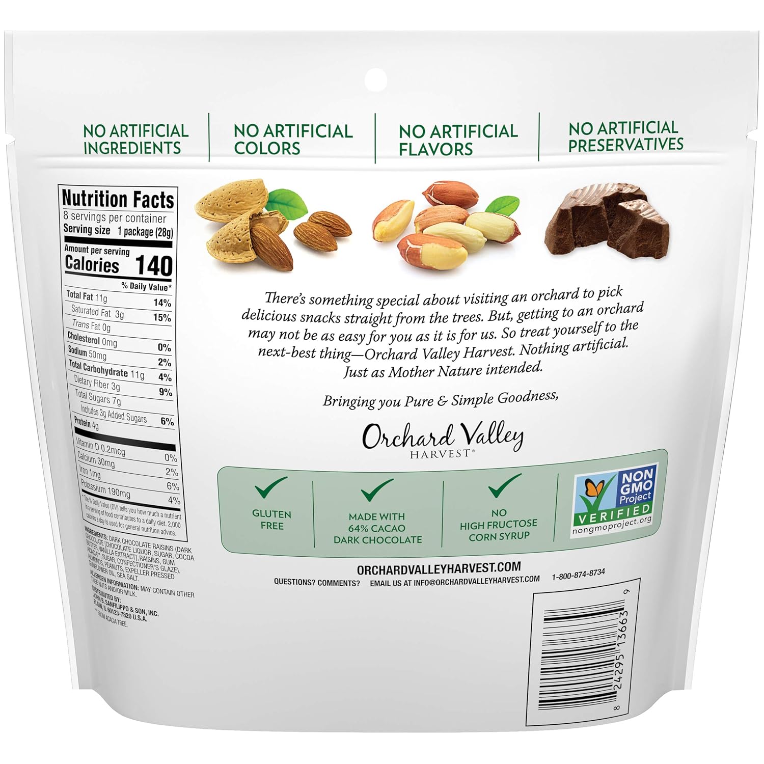 ORCHARD VALLEY HARVEST Chocolate Raisin Nut Trail Mix, 1 oz (Pack of 8), Non-GMO, No Artificial Ingredients