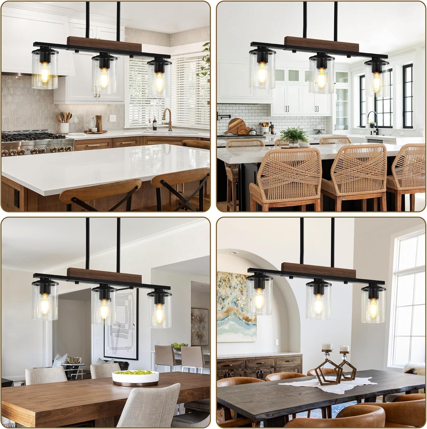 23.6'' Kitchen Island Light Fixtures, 3-Light Dining Room Light Fixture Chandelier Over Table, Black Modern Rustic Wood Ceiling Pendant Light Fixtures, with Clear Glass Shade, Farmhouse Chandelier