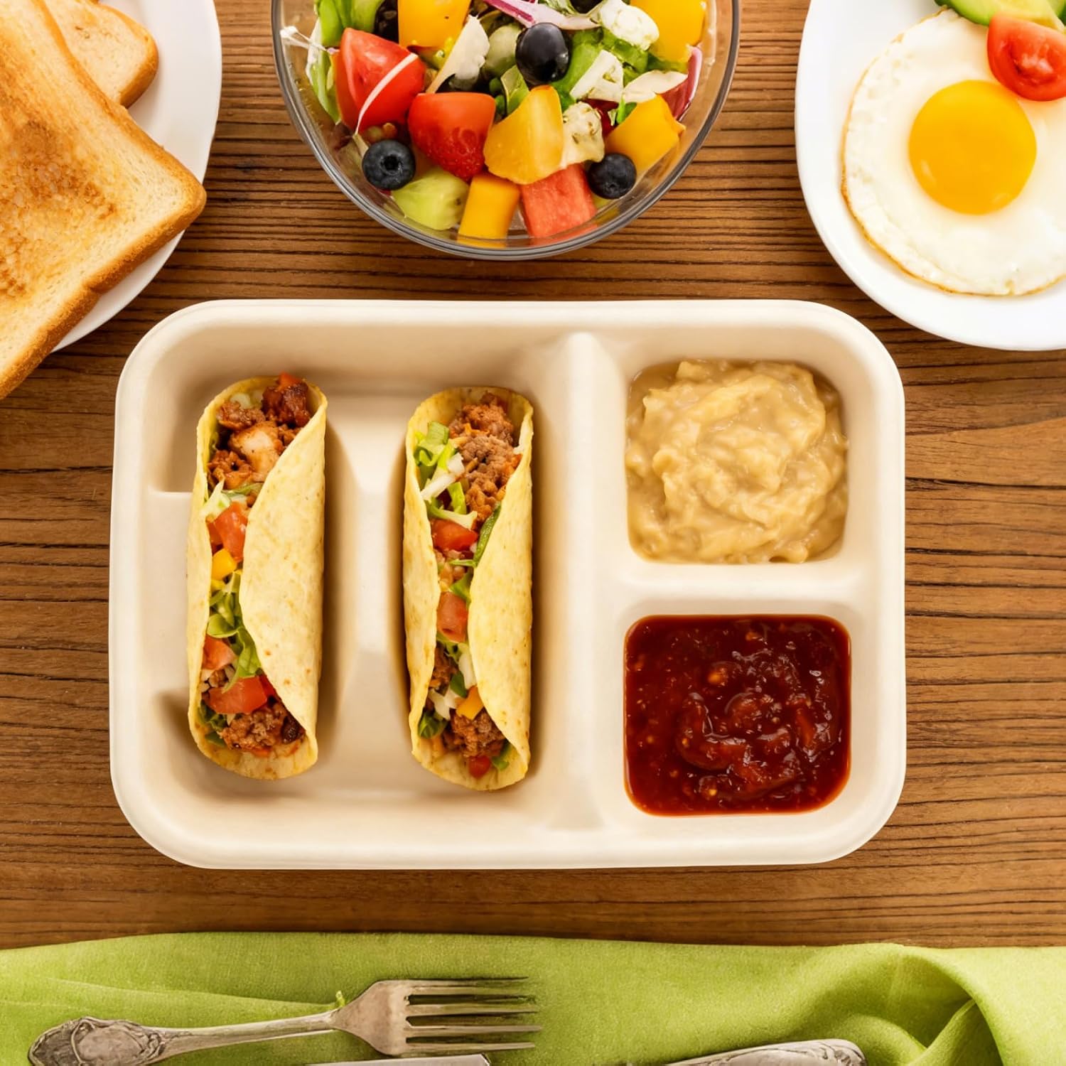 2-Taco & 2-Sides 50PCS Taco Plates, 4-Compartment Disposable Taco Holders, Premium Taco Plates With Dividers, Portable Taco Trays For Taco Tuesday & Taco Bar, Party, Fiesta