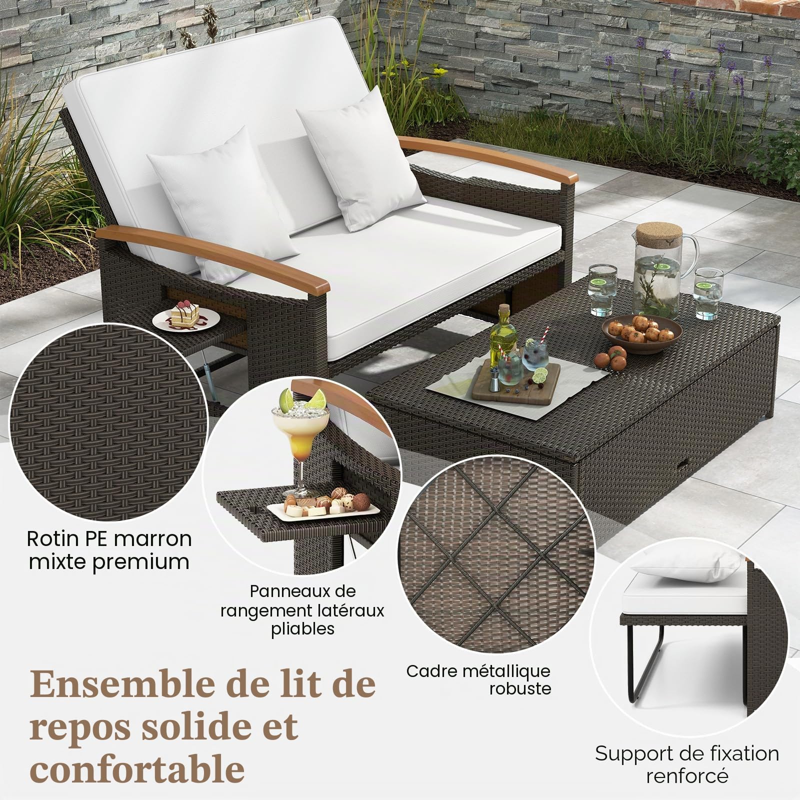 GIANTEX Canape Exterieur Jardin en Rotin PE, Ottoman de Rangement, Accoudoirs en Bois d'Acacia, Dossier Réglable, Tables d'Appoint Rétractables, Coussins Doux, pour Porche, Patio, Marron+Blanc
