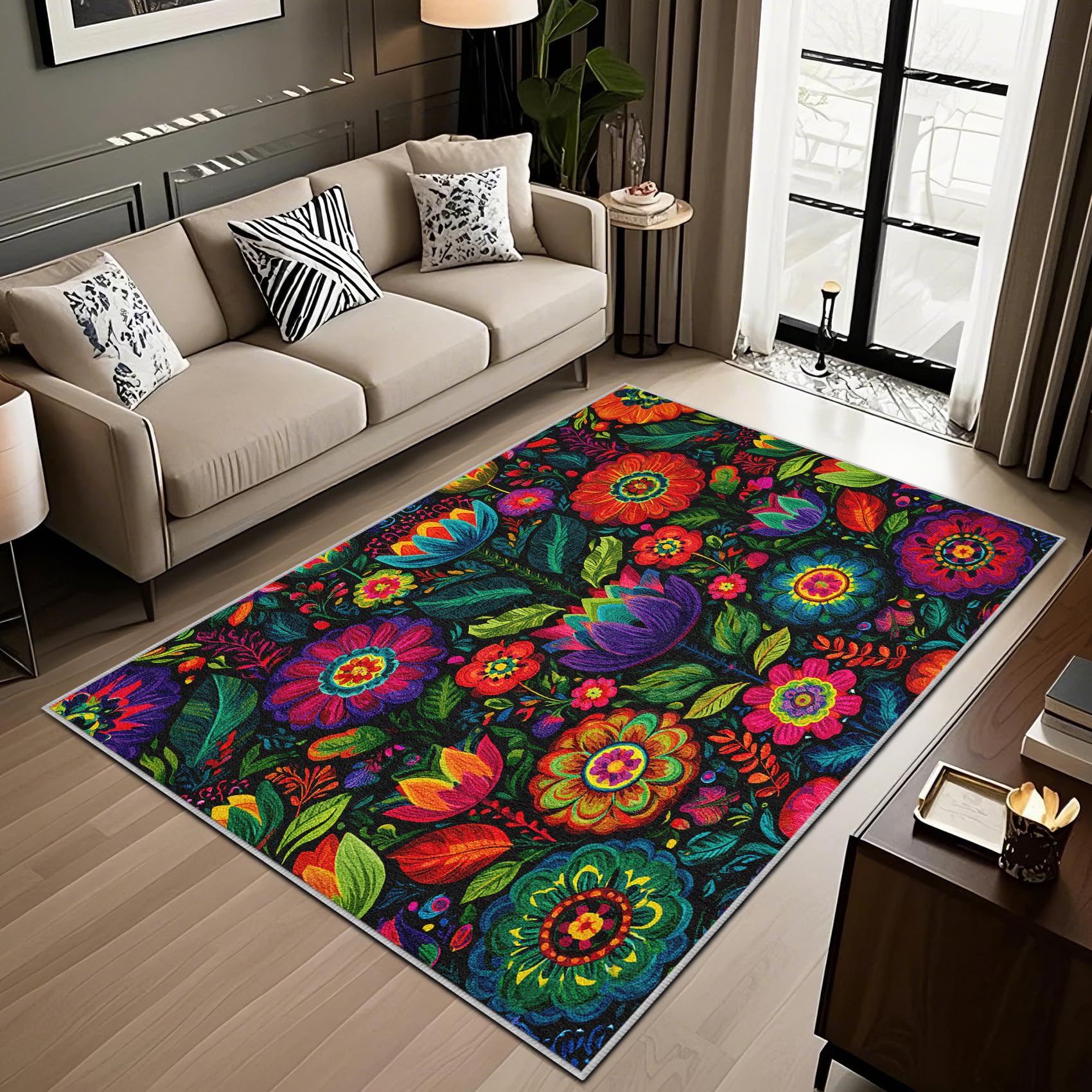 Tapis de salon antidérapant et lavable grand format 240x340 motif soleil bohème