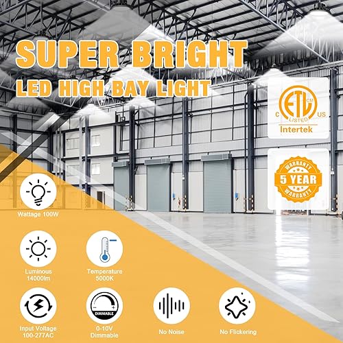 Miniatura 2 de UFO - Luz LED de alta bahía de 100 W, luces LED de alta bahía de 14,000LM, 0-10 V, regulable, cable de 6 pies con enchufe estadounidense, gancho