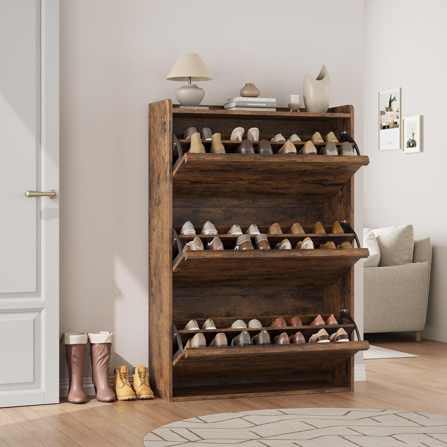 OUTLANE Shoe Cabinet with 3 Flip Drawers, Freestanding Wooden Shoe Organizer Cabinet with Adjustable Shelf, Hidden Shoe Storage for Entryway, Shoe Drawer for Hallway &Living Room, Rustic Brown
