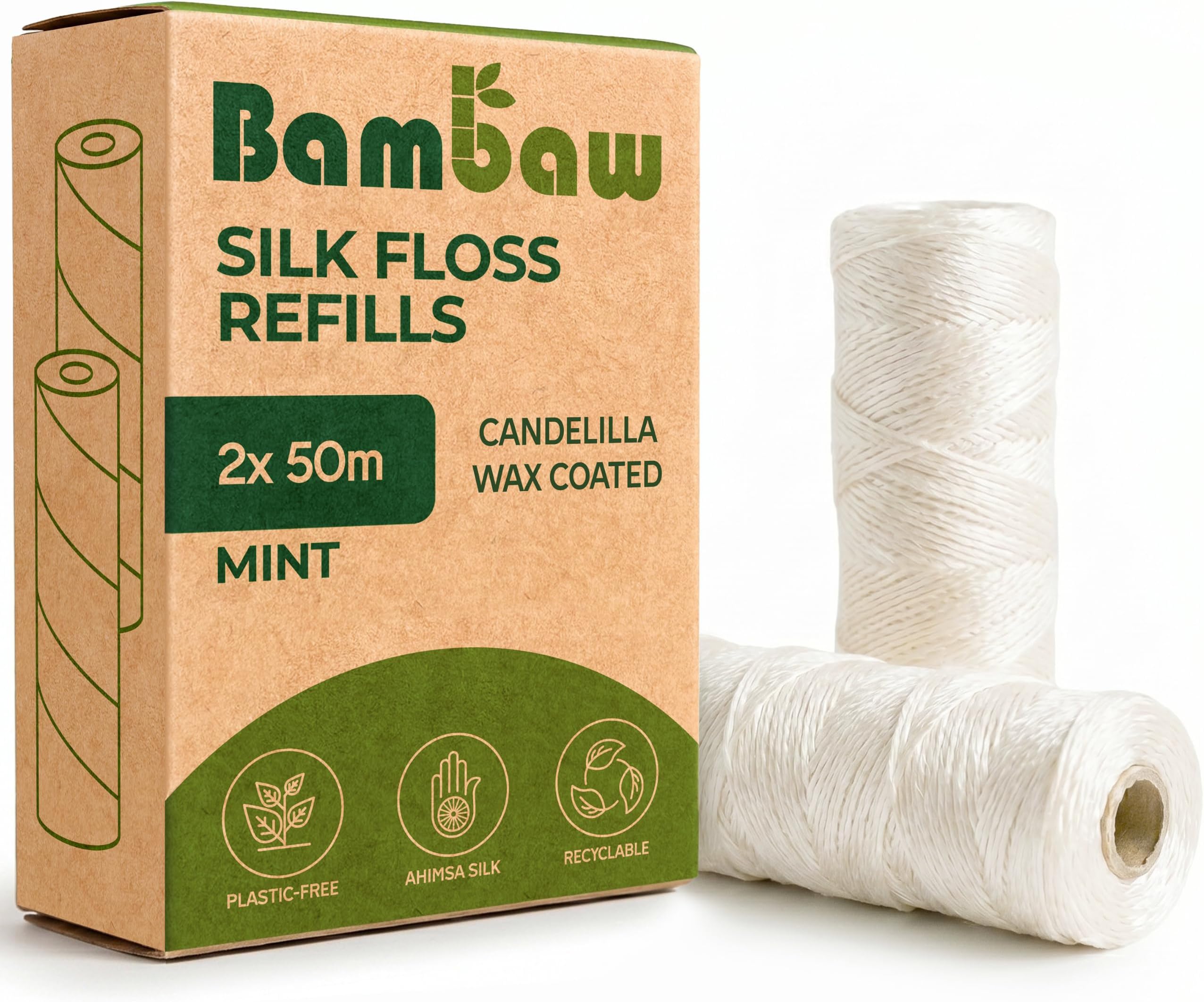 Bambaw Silk Floss Refill, Non Plastic Dental Floss, Eco Floss, Mint Dental Floss Tape, 2x50 Meter Refill