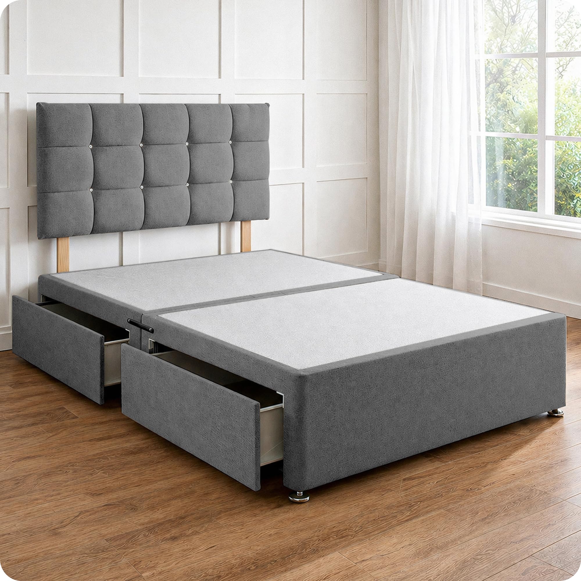 Comfy Deluxe LTD Divan Bed Base - 3FT Single, Grey | Linen Bed Frame with 20 Inch Cubic Headboard | No Mattress Included | No Storage | Chrome Glider Feet | UK Made