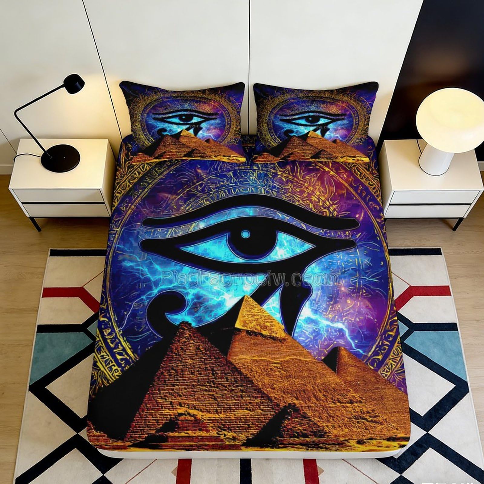 3D Printed Egyptian Pyramid Fitted Sheet Microfiber Soft Breathable Eye of Horus Mattress Cover for Bedroom Decor 200x200x25cm