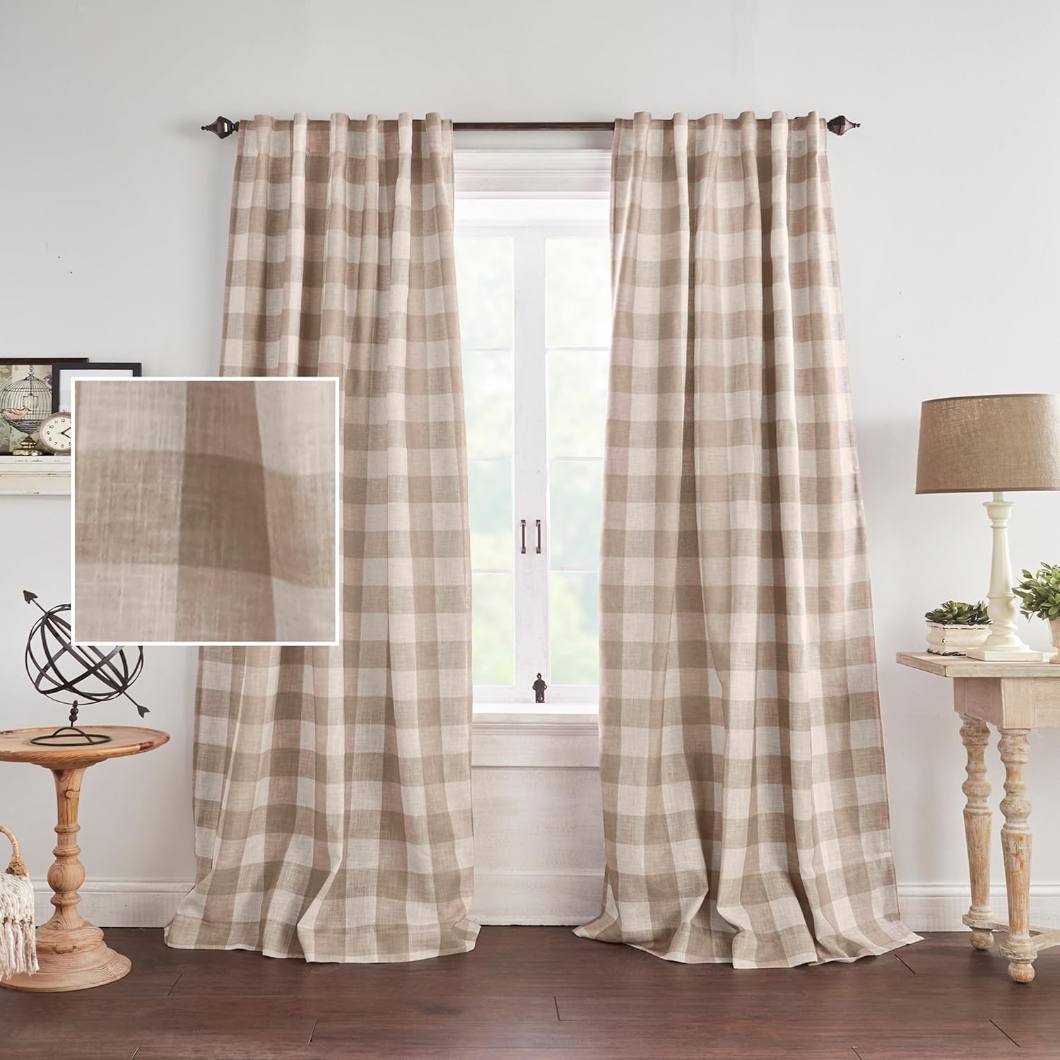 elrene home fashions farmhouse living grainger buffalo-check blackout window curtain, living room and bedroom drape with rod pocket tabs, 52" x 95", linen, 1 panel linen 52"w x 95"l (pack of 1)