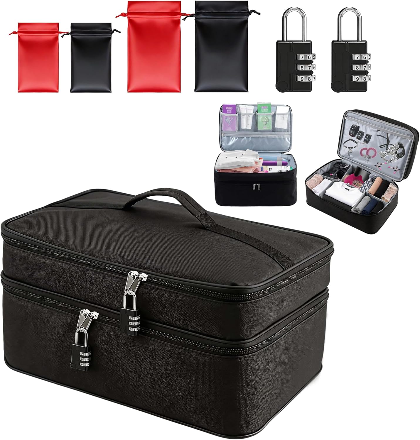 Large Discreet Storage Bag for Toy with 2 Locks 2-Layer Private Toy Organizer Bag Box for Women and Men Zipper Lid Discreet Lockable Storage Case with Toy Gift Bags for Personal Items Travel Home