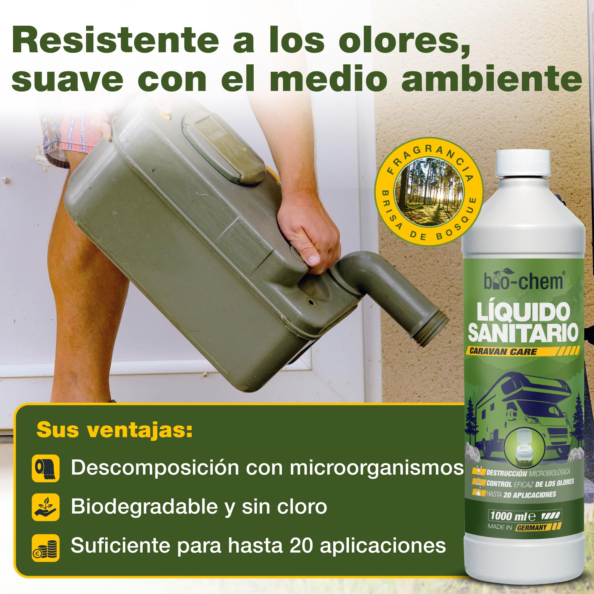 Bio-Chem - Set de 3 Productos de Limpieza para aseos higiénicos de autocaravanas - Limpiador para depósitos de Agua Dulce de caravanas - Limpiador para Aguas Grises - Líquido Sanitario