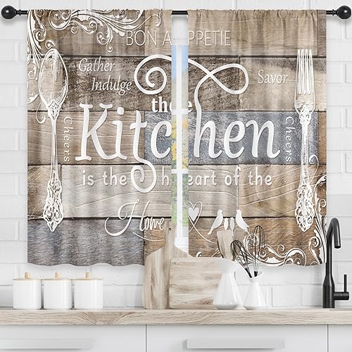 Miniatura 3 de Riyidecor Cortinas rústicas de cocina de granja, cortas, tenedor y cuchara, tablero de madera retro, bolsillo para barra, cita divertida, para