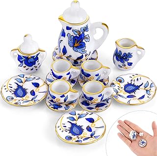 15 Pieces Miniature Porcelain Tea Cup Set Kitchen Miniature Porcelain Set Mini Flower Pattern Teapot Cup Plates Set Dollhouse Kitchen Accessories Set (Retro Flower Style)