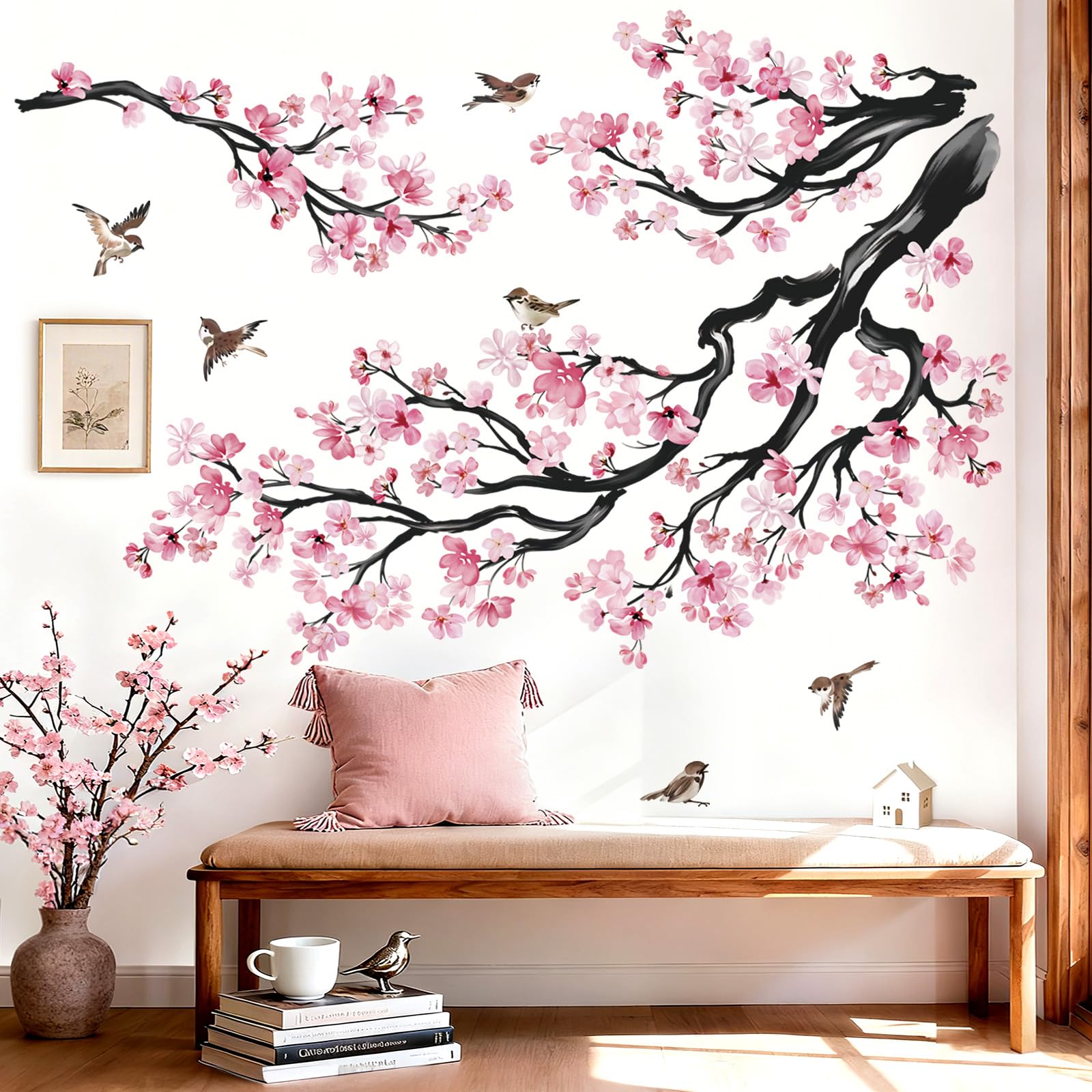 wondever Stickers Muraux Grand Branche de Fleurs Rose Autocollants Muraux Mural Stickers Cerisier Floral Branche Arbre Oiseaux pour Chambre Salon Mur TV
