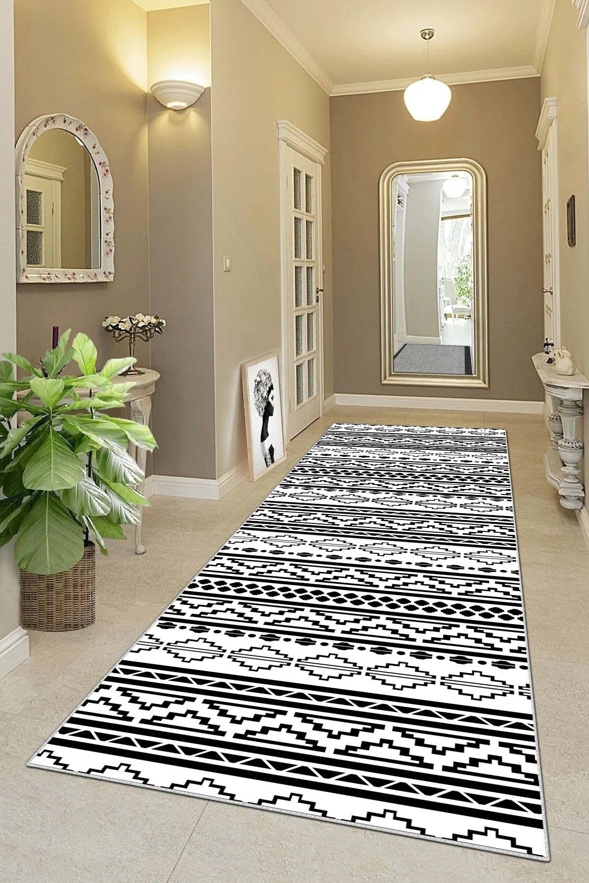 Pelangi Geometrik Çizgi Desenli Dijital Baskı Yıkanabilir Kaymaz Taban Etnik Kilim Desen Salon Halı, Siyah-Beyaz-Gri 80 x 250, 9554146802507