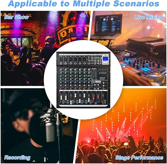 Audio Mixer Channel, Sounds Mixer for Streaming. Professional DJ Board Console 8-Channel Mic, Usb Audio Interface and 48V Phantom Power Mixer, DJ Studio Sound Board with FX Reverb Delay Effect.