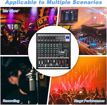 Audio Mixer Channel, Sounds Mixer for Streaming. Professional DJ Board Console 8-Channel Mic, Usb Audio Interface and 48V Phantom Power Mixer, DJ Studio Sound Board with FX Reverb Delay Effect.