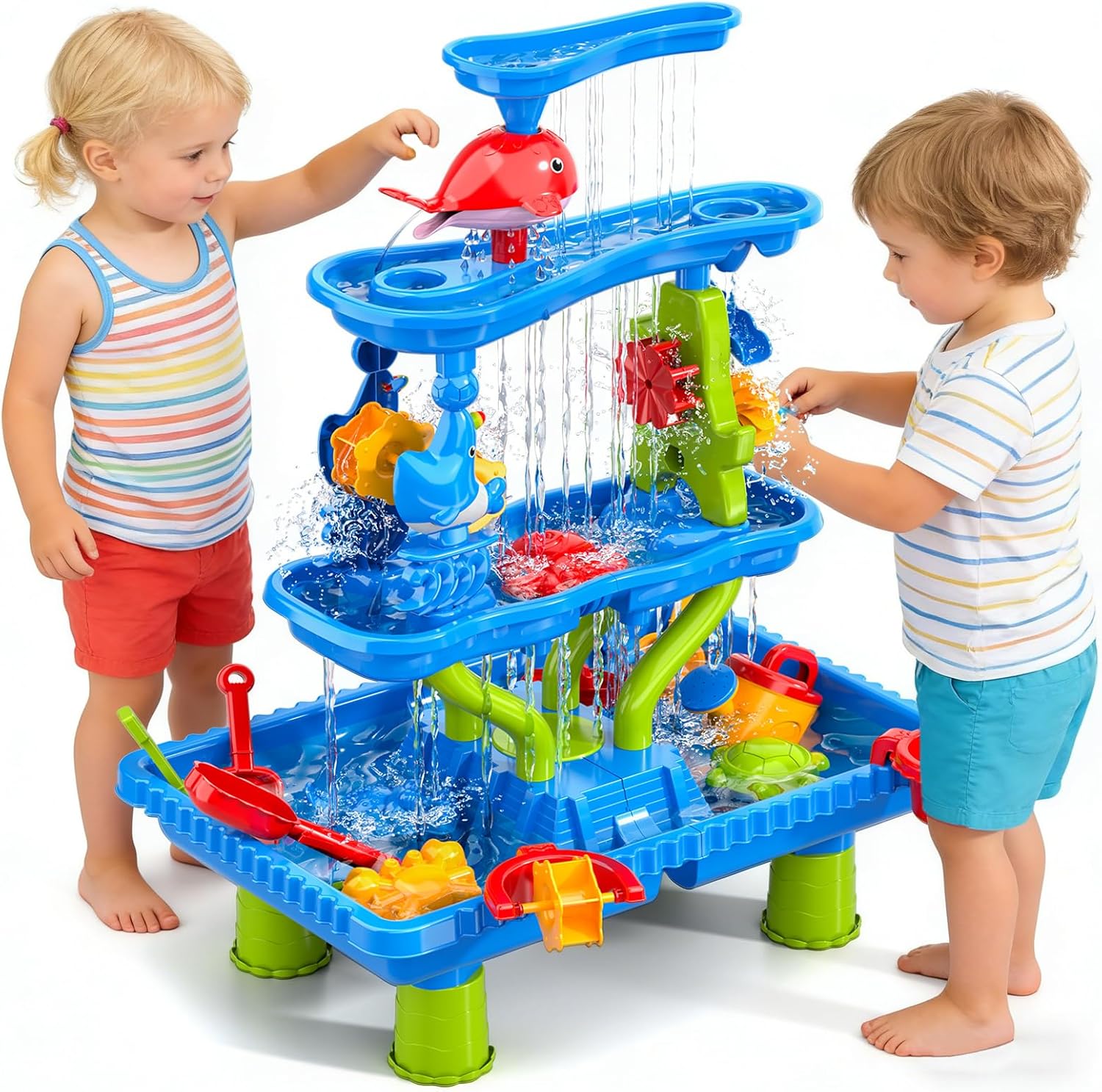 Doloowee Sand and Water Table for Toddlers, 4-Tier Water Table Toy, Water Play Table Outdoor Beach Toy, Large Play Table, Summer Water Toy for Boys Girls 2 3 4 5 6 7 Years