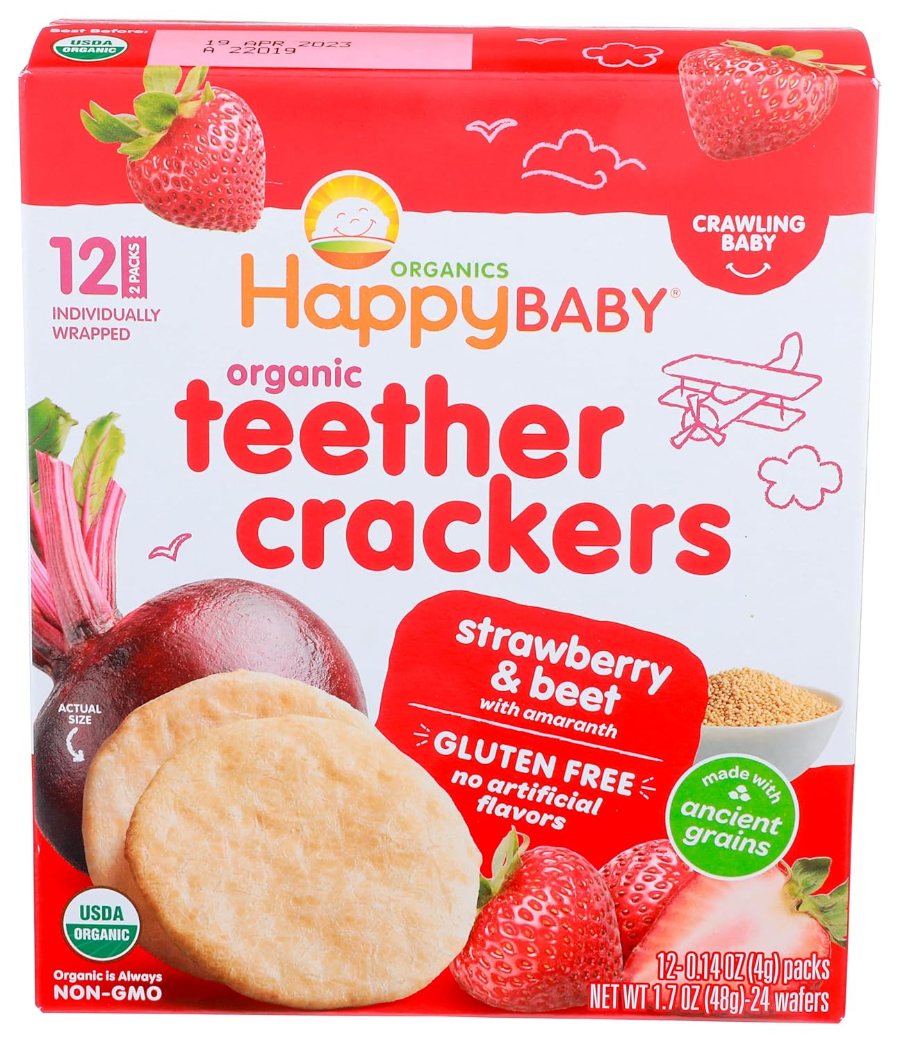 Happy Baby Organics Organic Teether Crackers Gluten Free Strawberry & Beet with Amaranth 12-0.14 oz Packs Happy Baby Organics Organic Teether Crackers Gluten Free Strawberry & Beet with Amaranth 12-0.14 oz Packs
